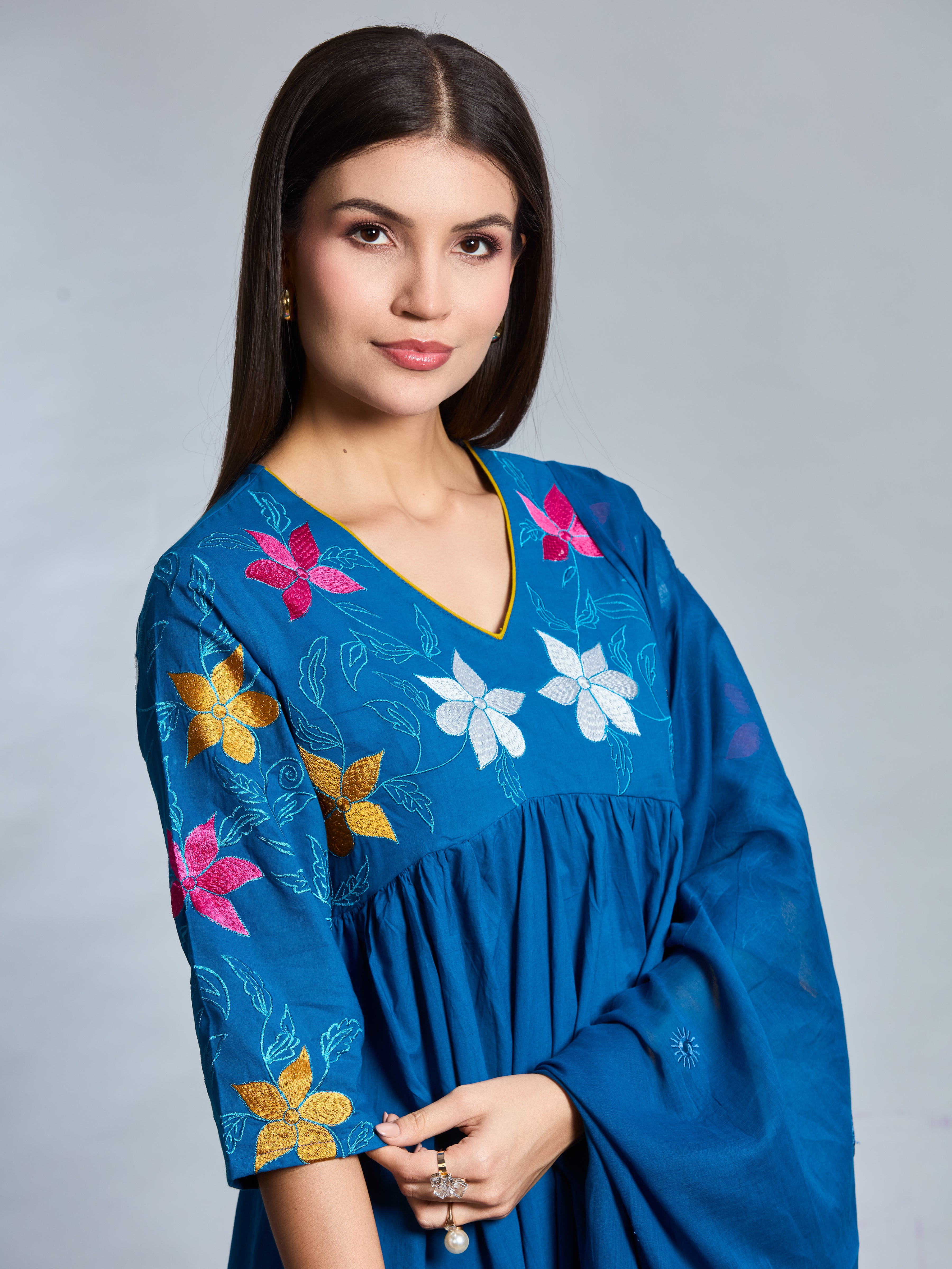 Cobalt Charm Anarkali Suit Set with Multicolor Embroidery Accents in Pure Cotton with Dupatta