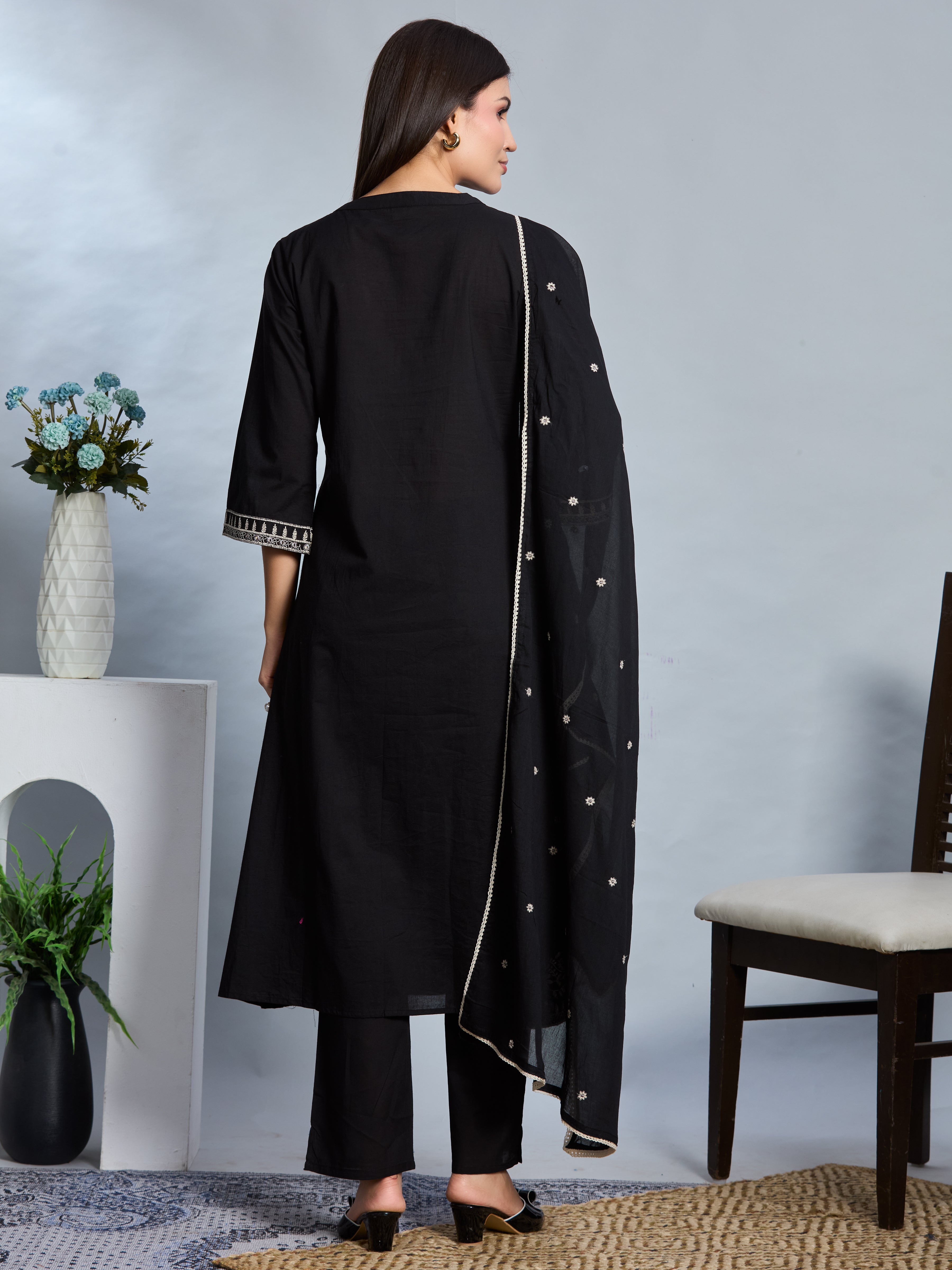 Midnight Grace A-Line Suit Set with Black & Ivory Embroidered Details with Cotton Dupatta