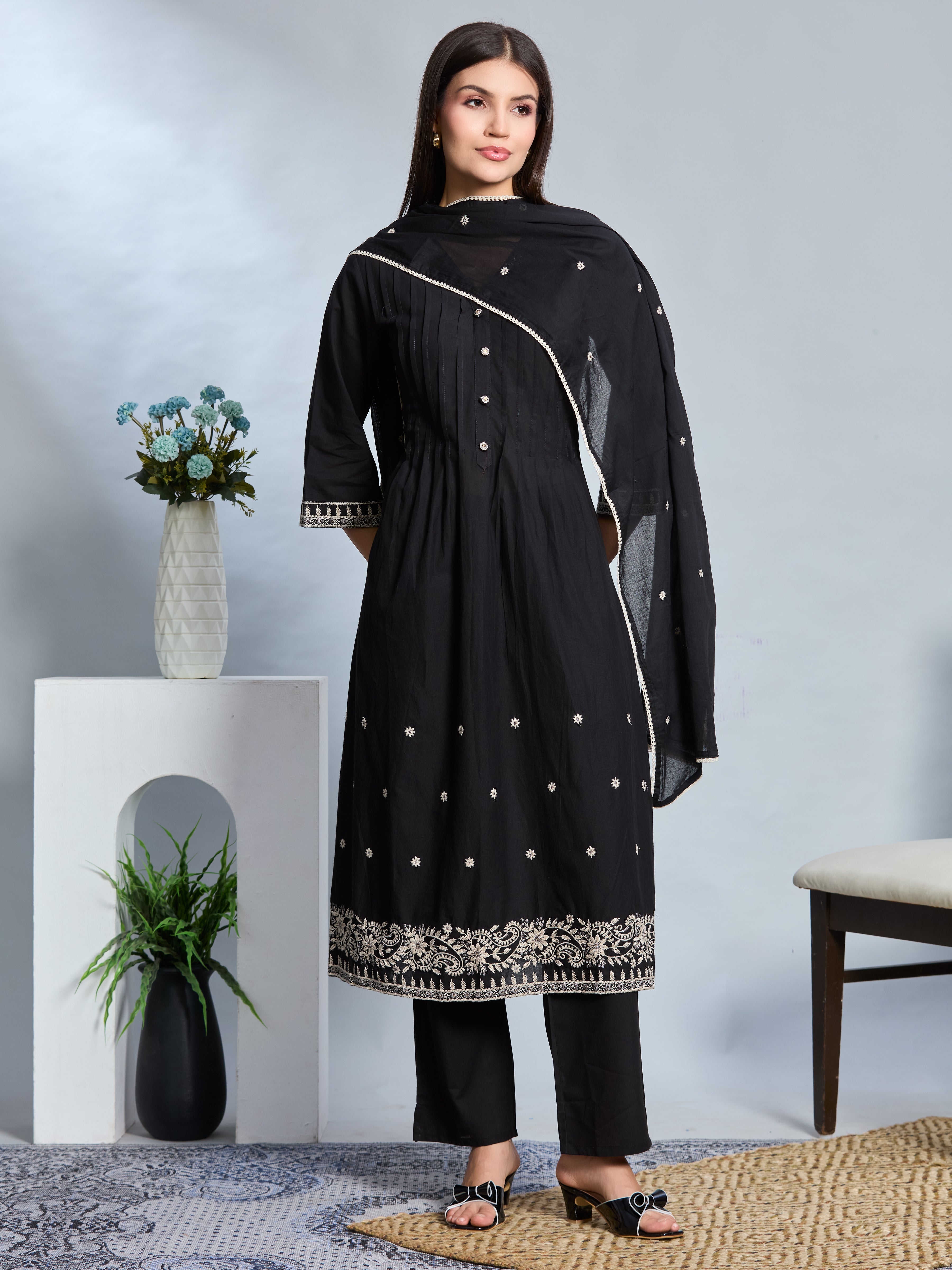 Midnight Grace A-Line Suit Set with Black & Ivory Embroidered Details with Cotton Dupatta