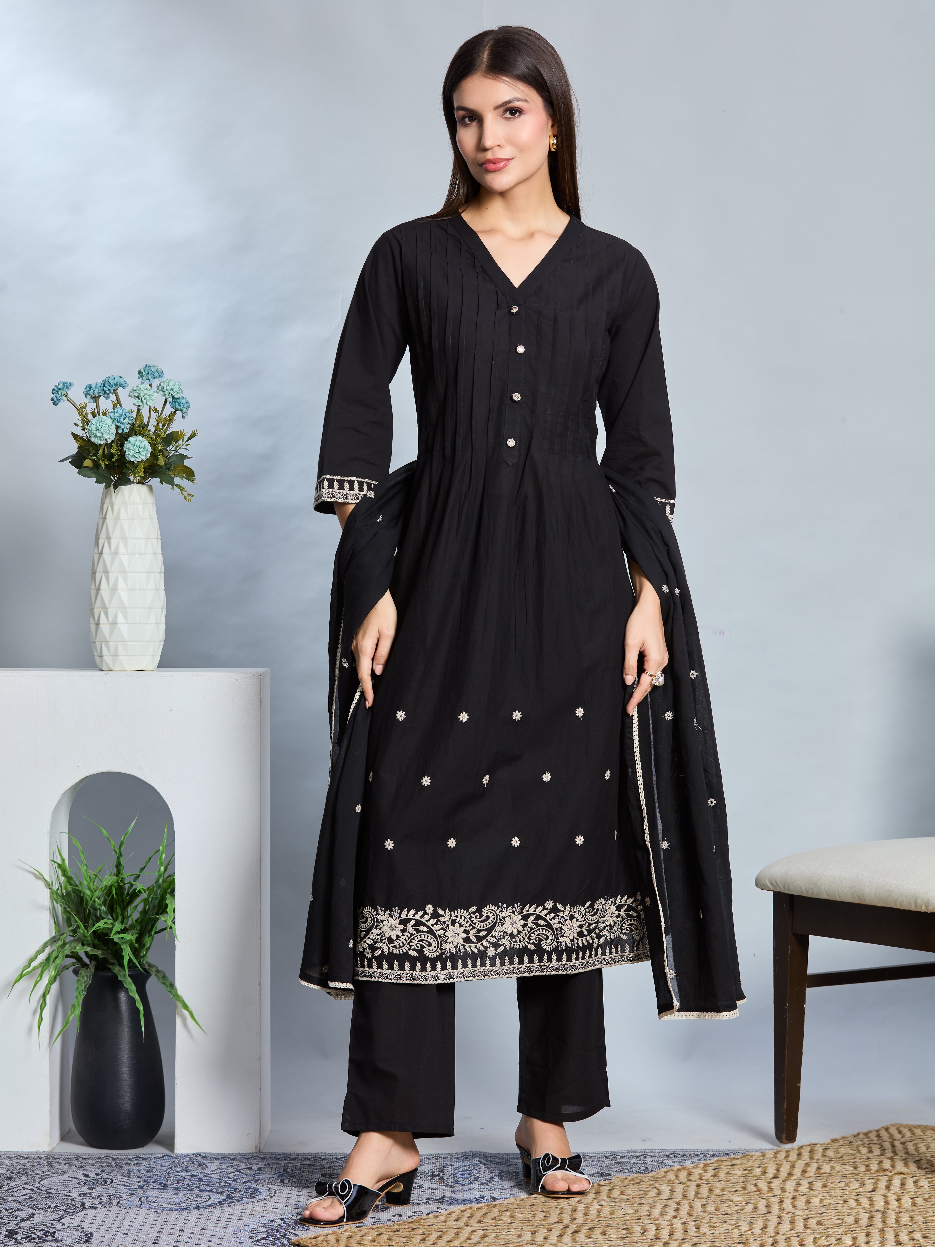 Midnight Grace A-Line Suit Set with Black & Ivory Embroidered Details with Cotton Dupatta