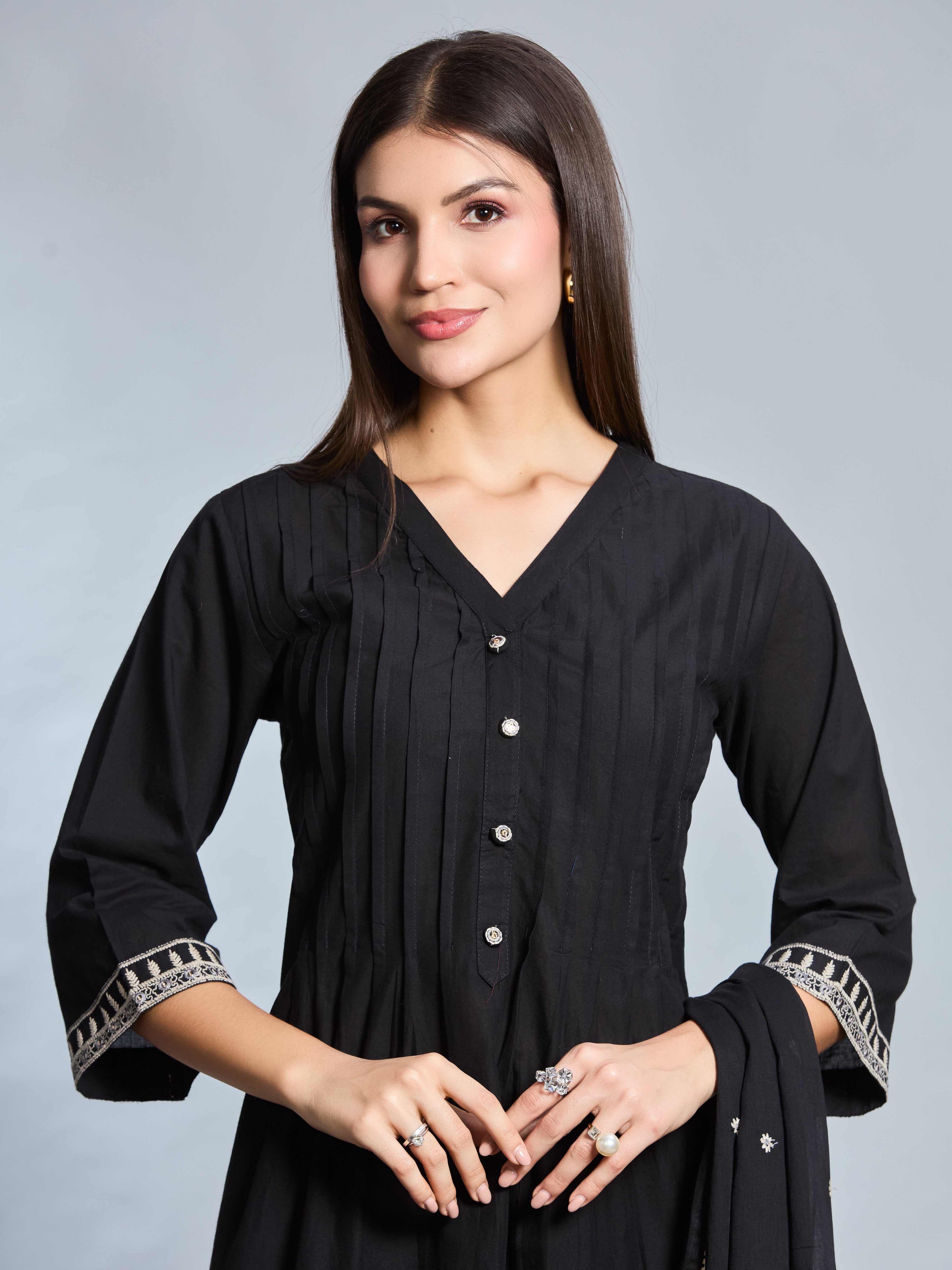 Midnight Grace A-Line Suit Set with Black & Ivory Embroidered Details with Cotton Dupatta