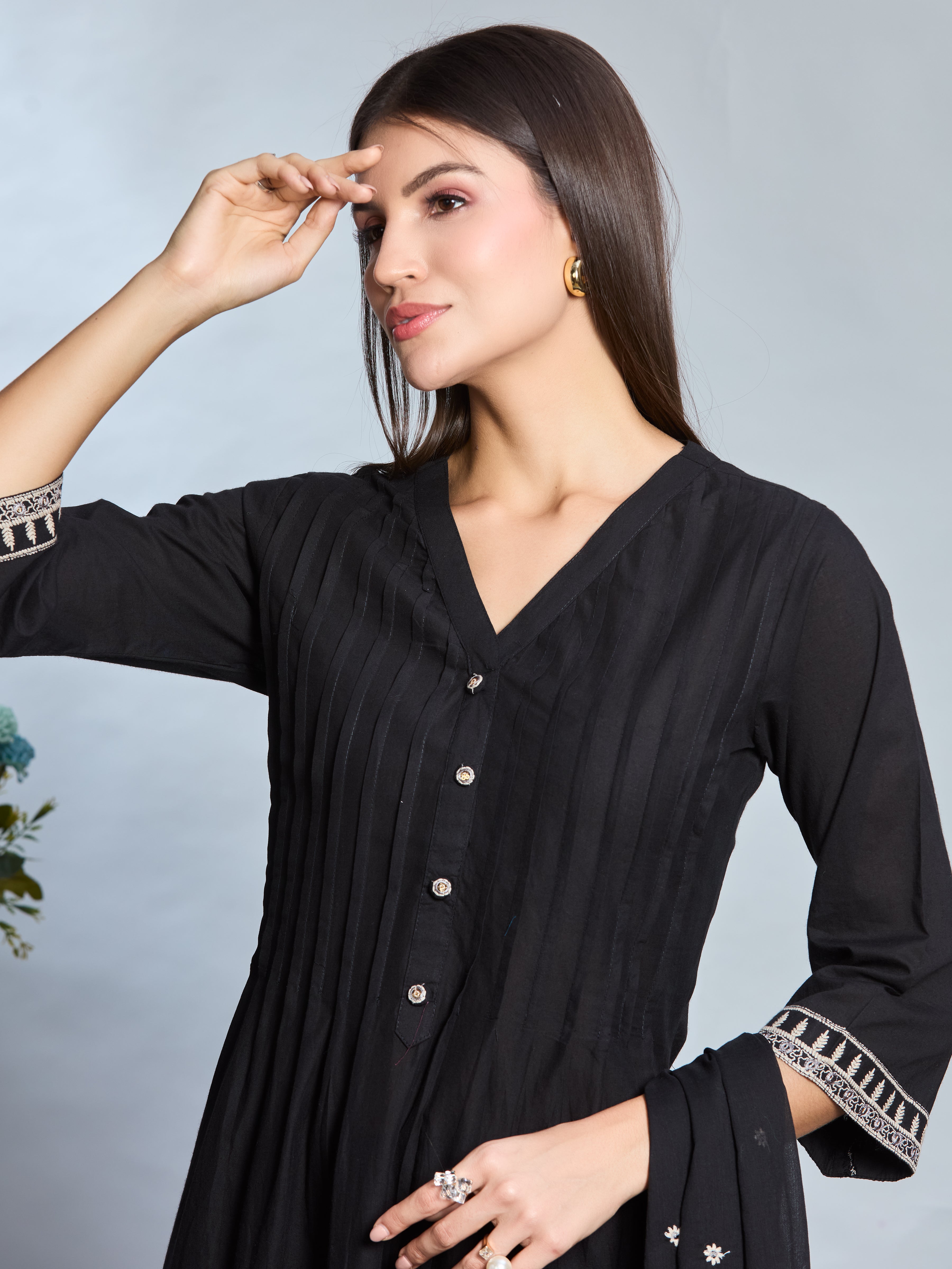 Midnight Grace A-Line Suit Set with Black & Ivory Embroidered Details with Cotton Dupatta