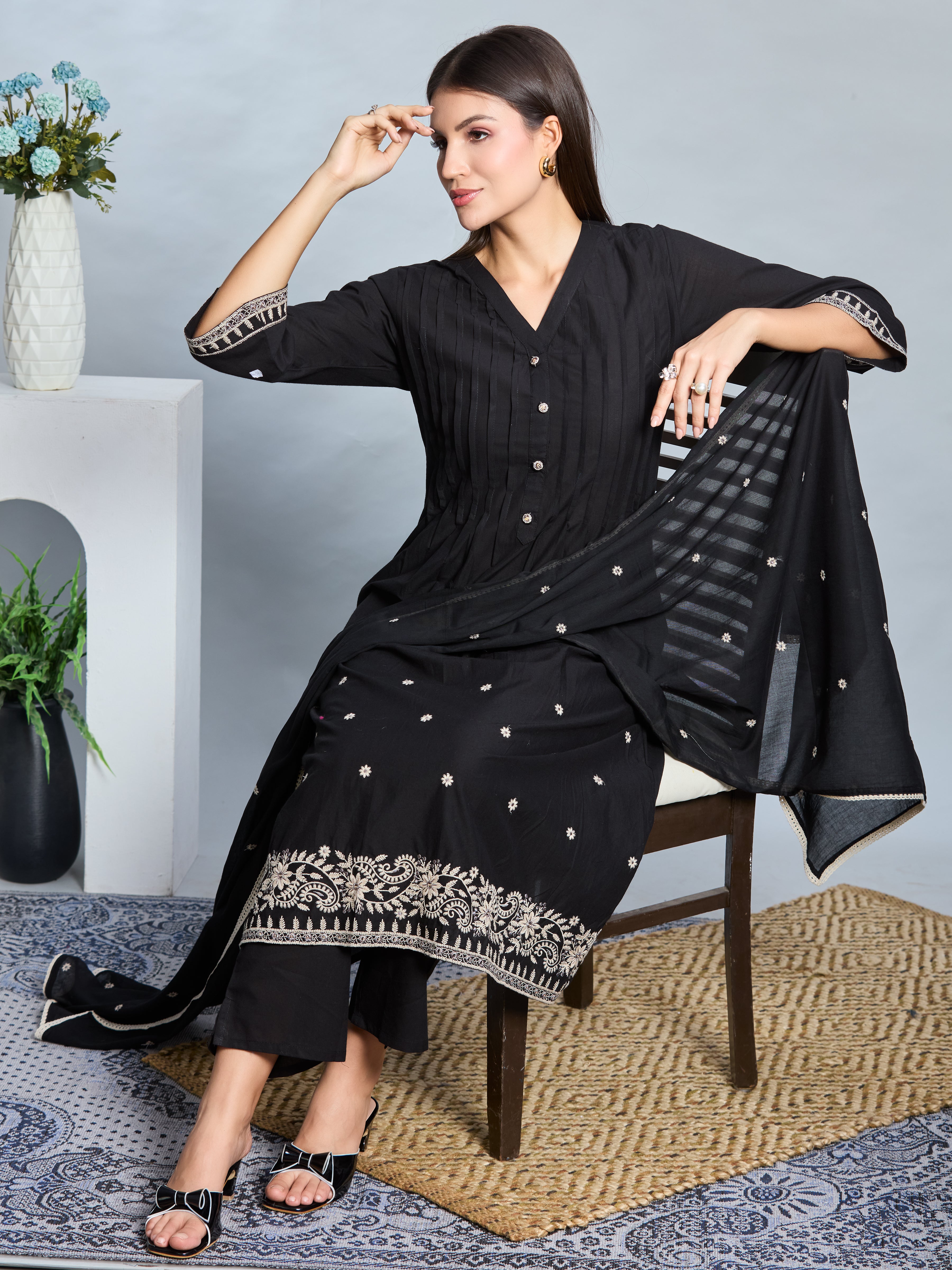 Midnight Grace A-Line Suit Set with Black & Ivory Embroidered Details with Cotton Dupatta