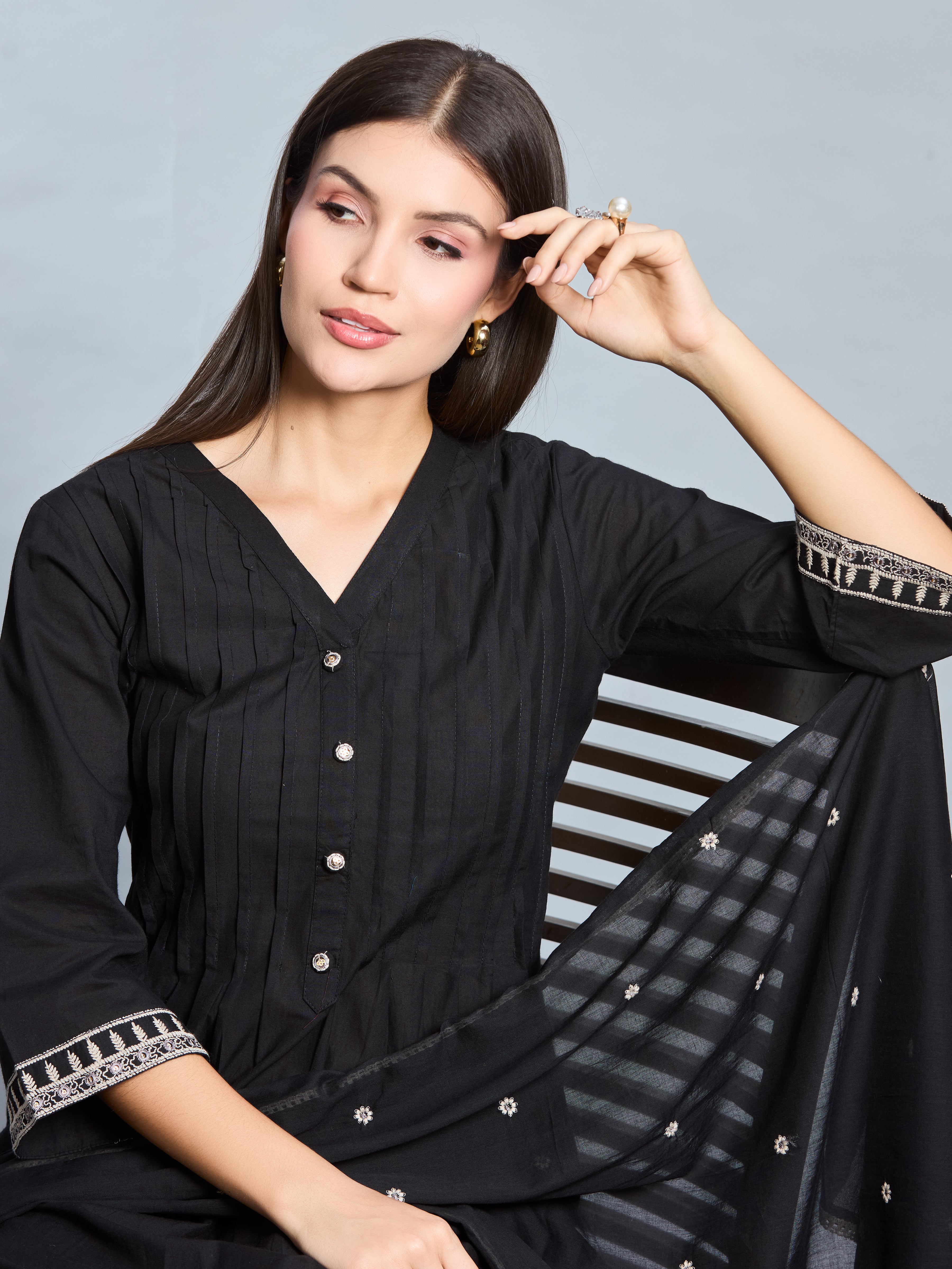 Midnight Grace A-Line Suit Set with Black & Ivory Embroidered Details with Cotton Dupatta