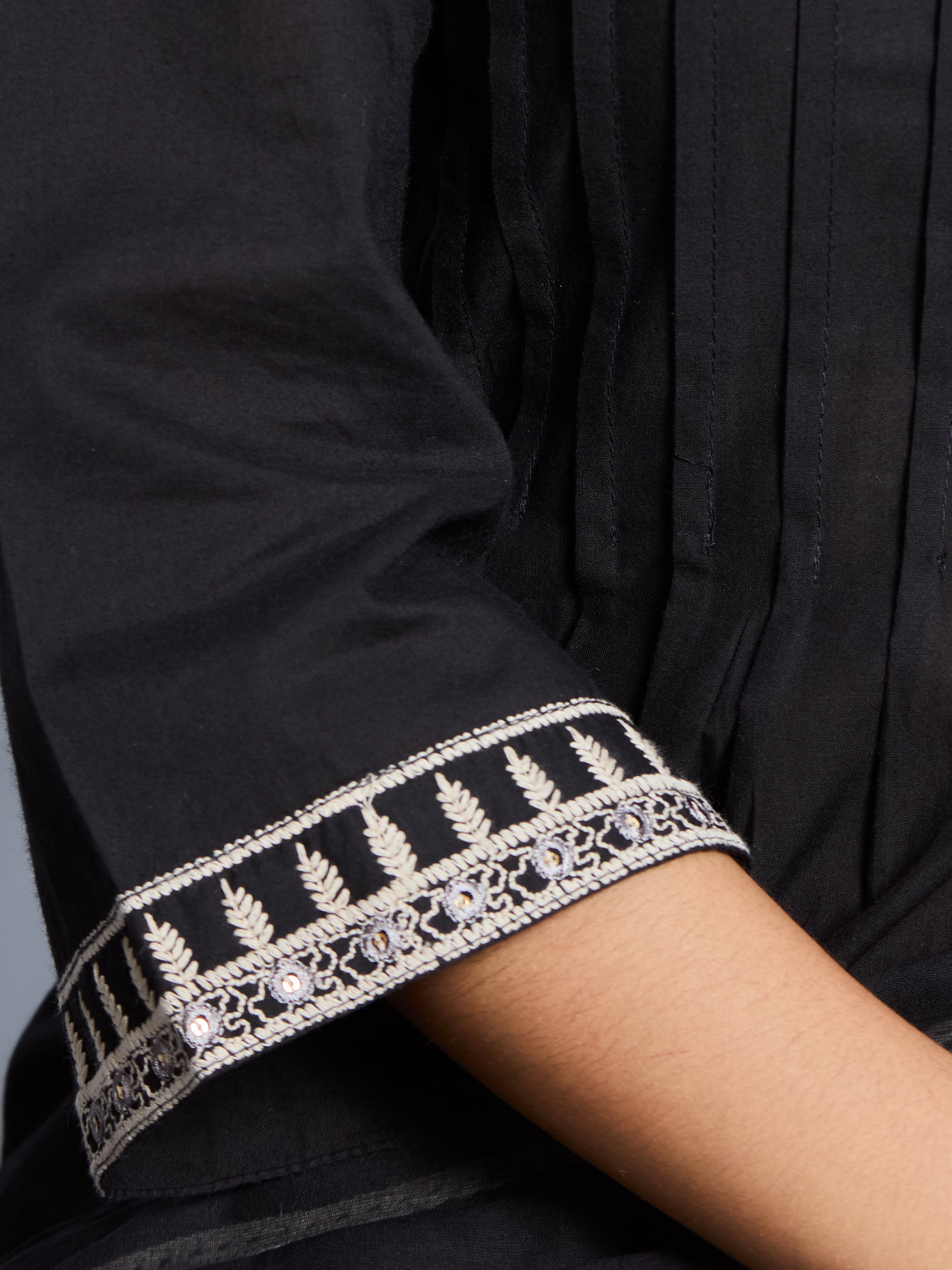 Midnight Grace A-Line Suit Set with Black & Ivory Embroidered Details with Cotton Dupatta