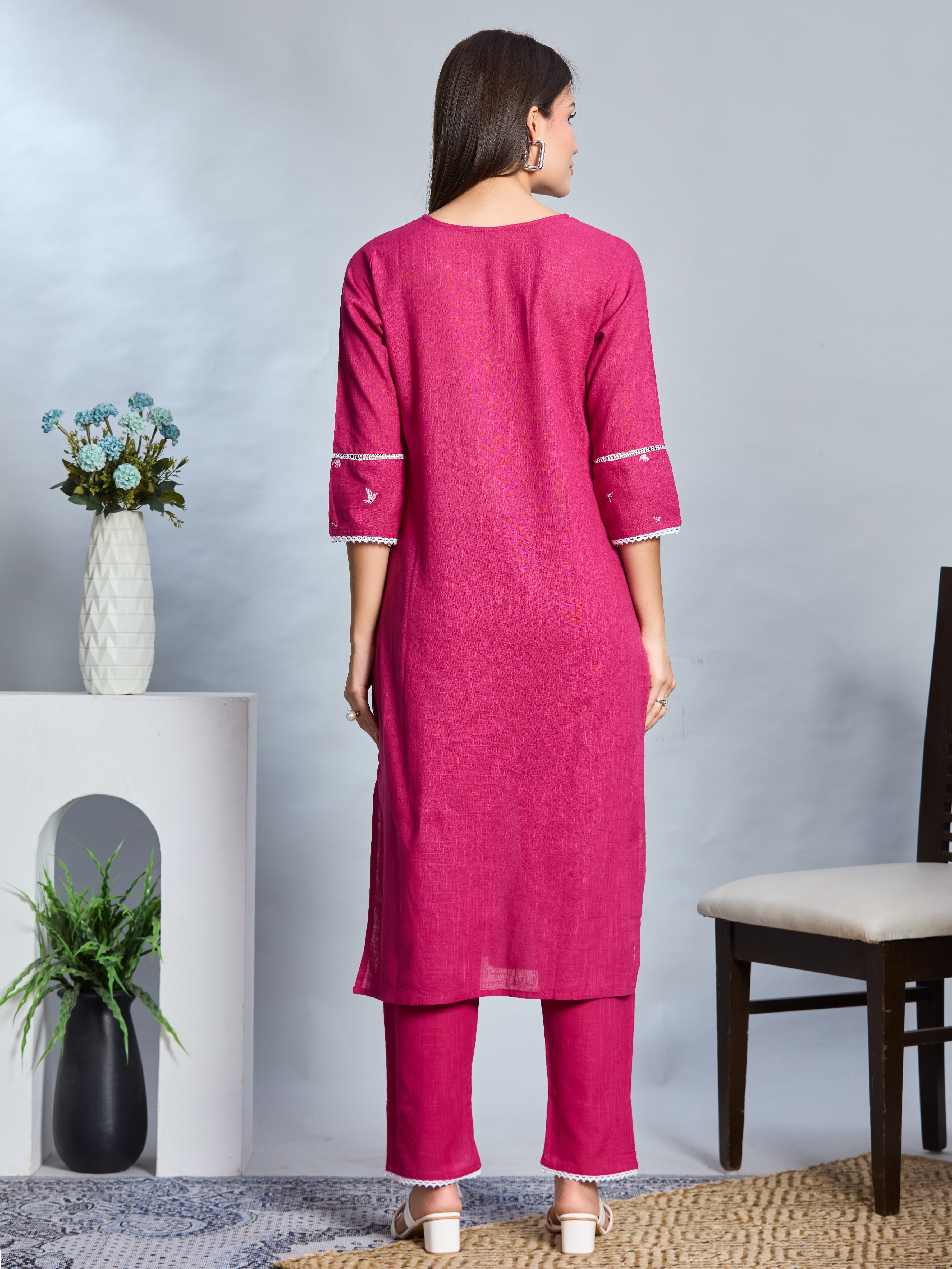 Bold Pink Elegance Straight Suit Set with White Embroidery & Slub Cotton Dupatta