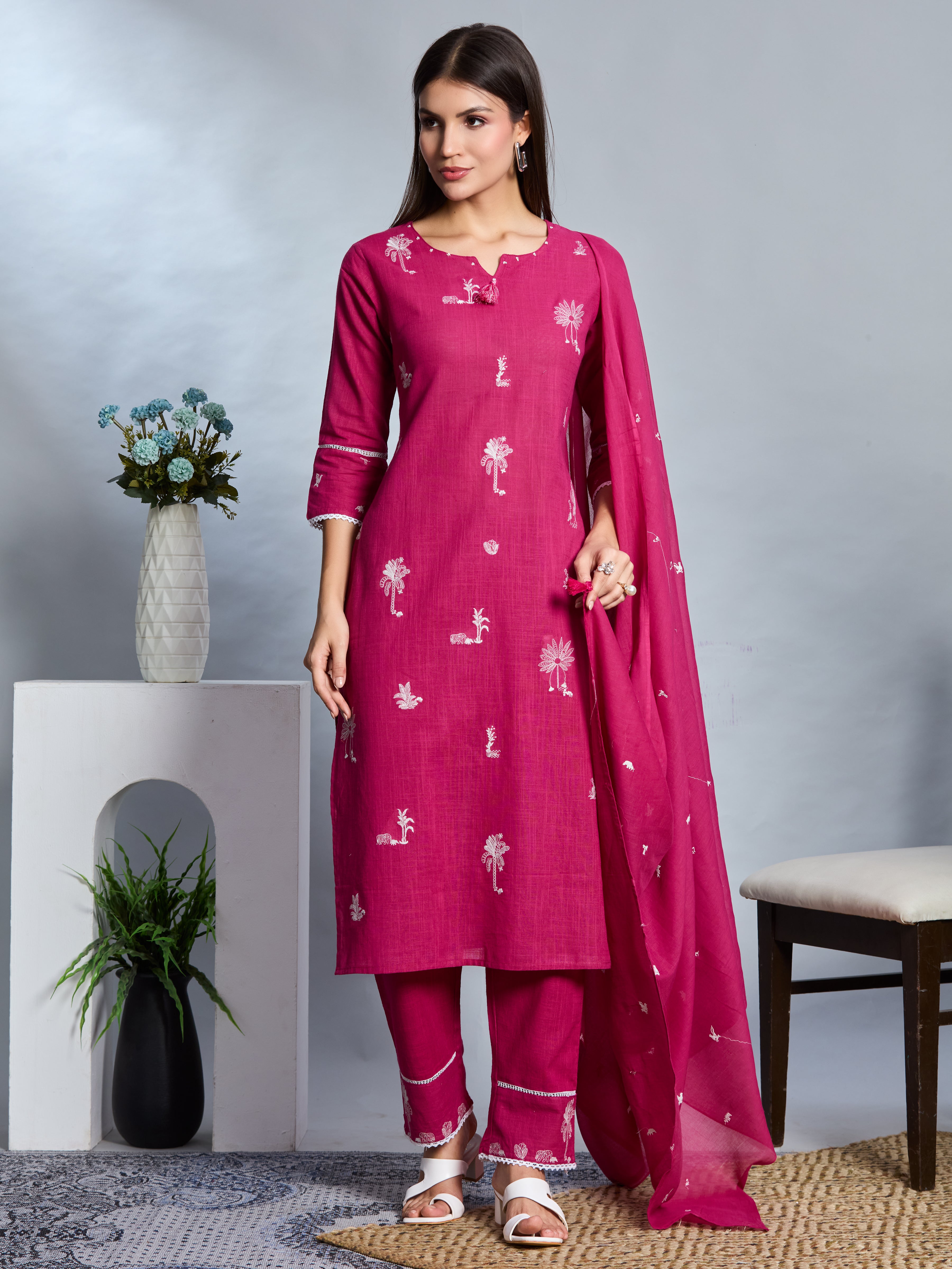 Bold Pink Elegance Straight Suit Set with White Embroidery & Slub Cotton Dupatta