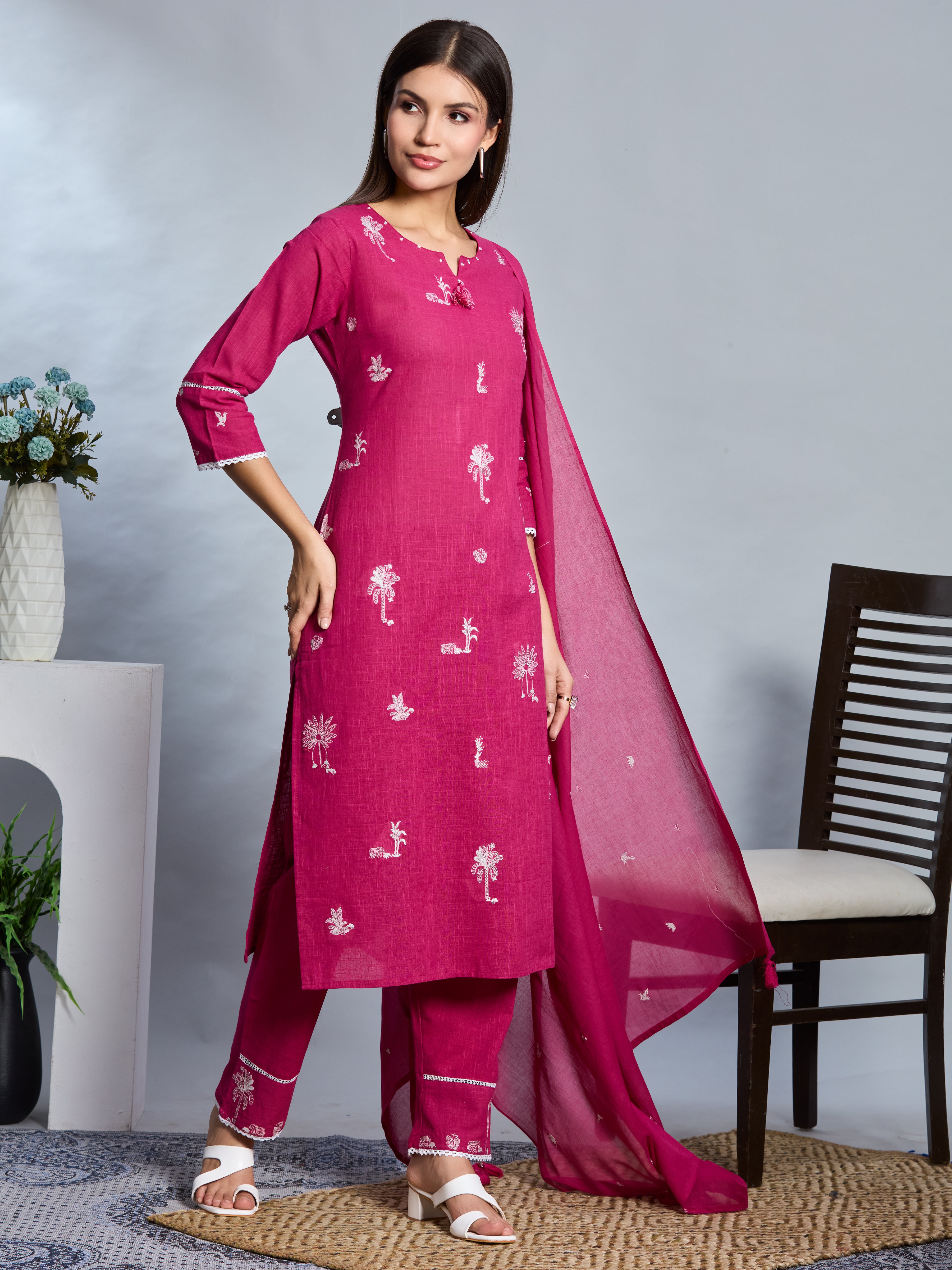 Bold Pink Elegance Straight Suit Set with White Embroidery & Slub Cotton Dupatta