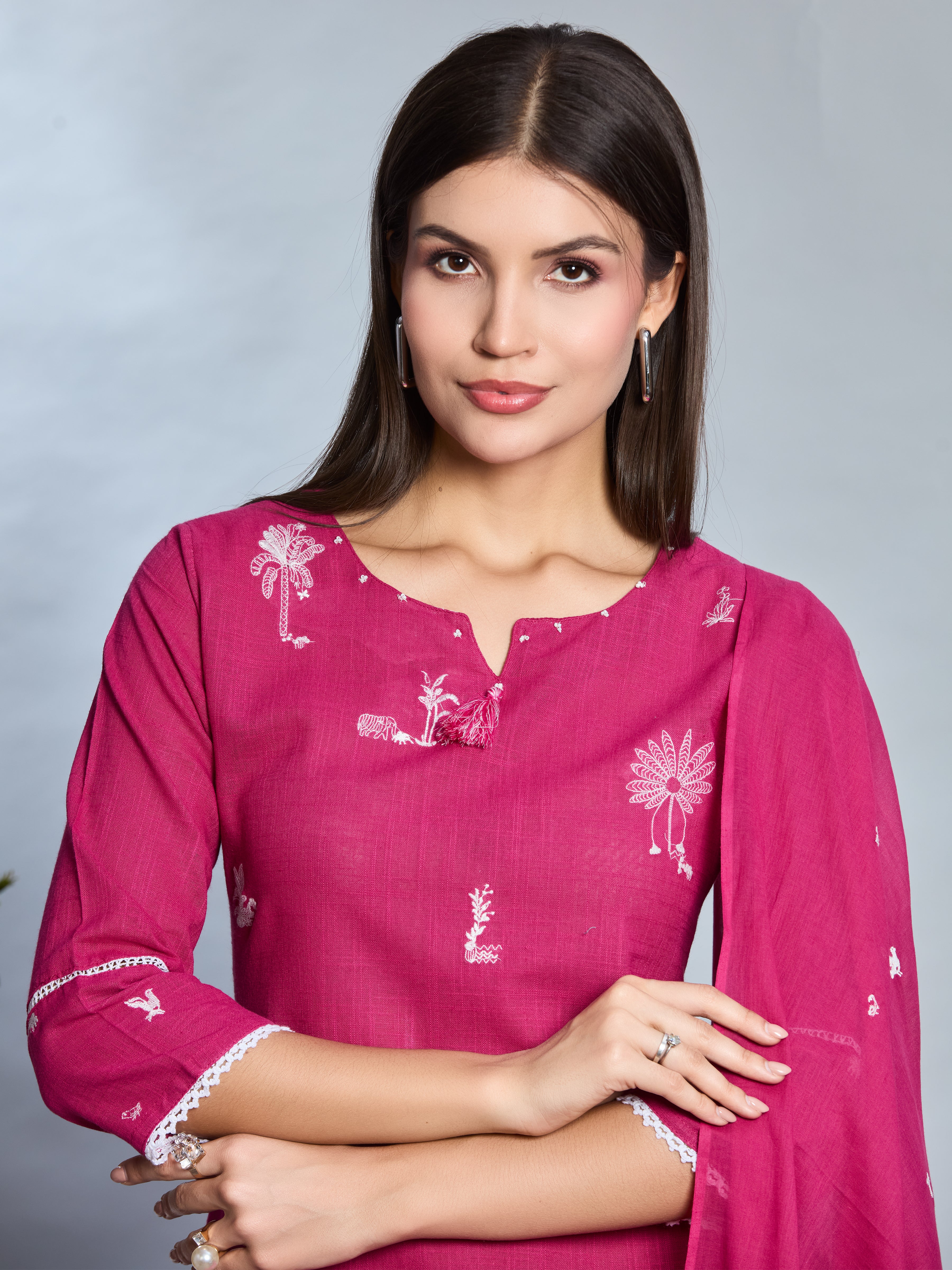 Bold Pink Elegance Straight Suit Set with White Embroidery & Slub Cotton Dupatta