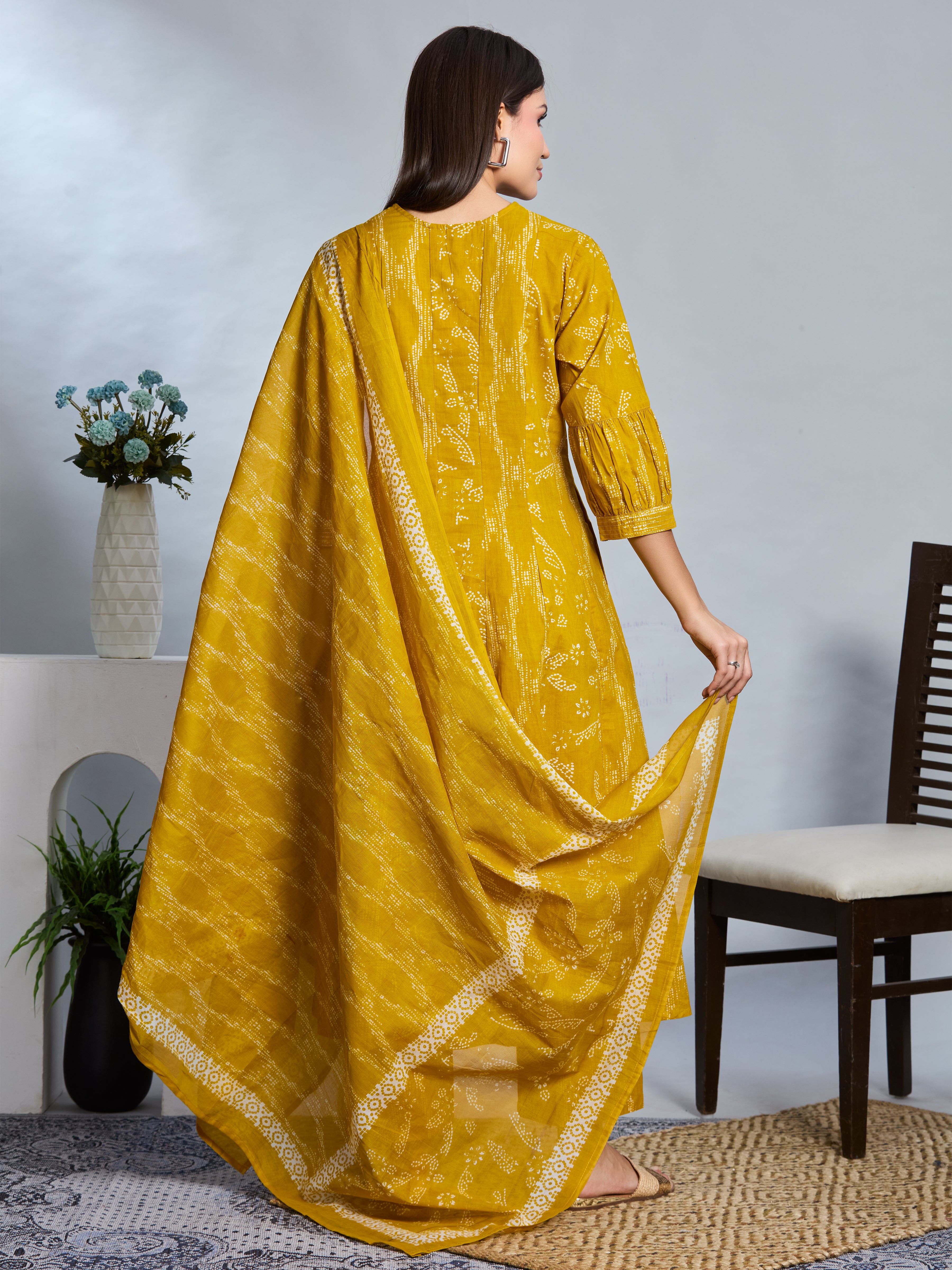 Amber Glow A-Line Suit Set with Ivory Block Prints with Cotton Dupatta