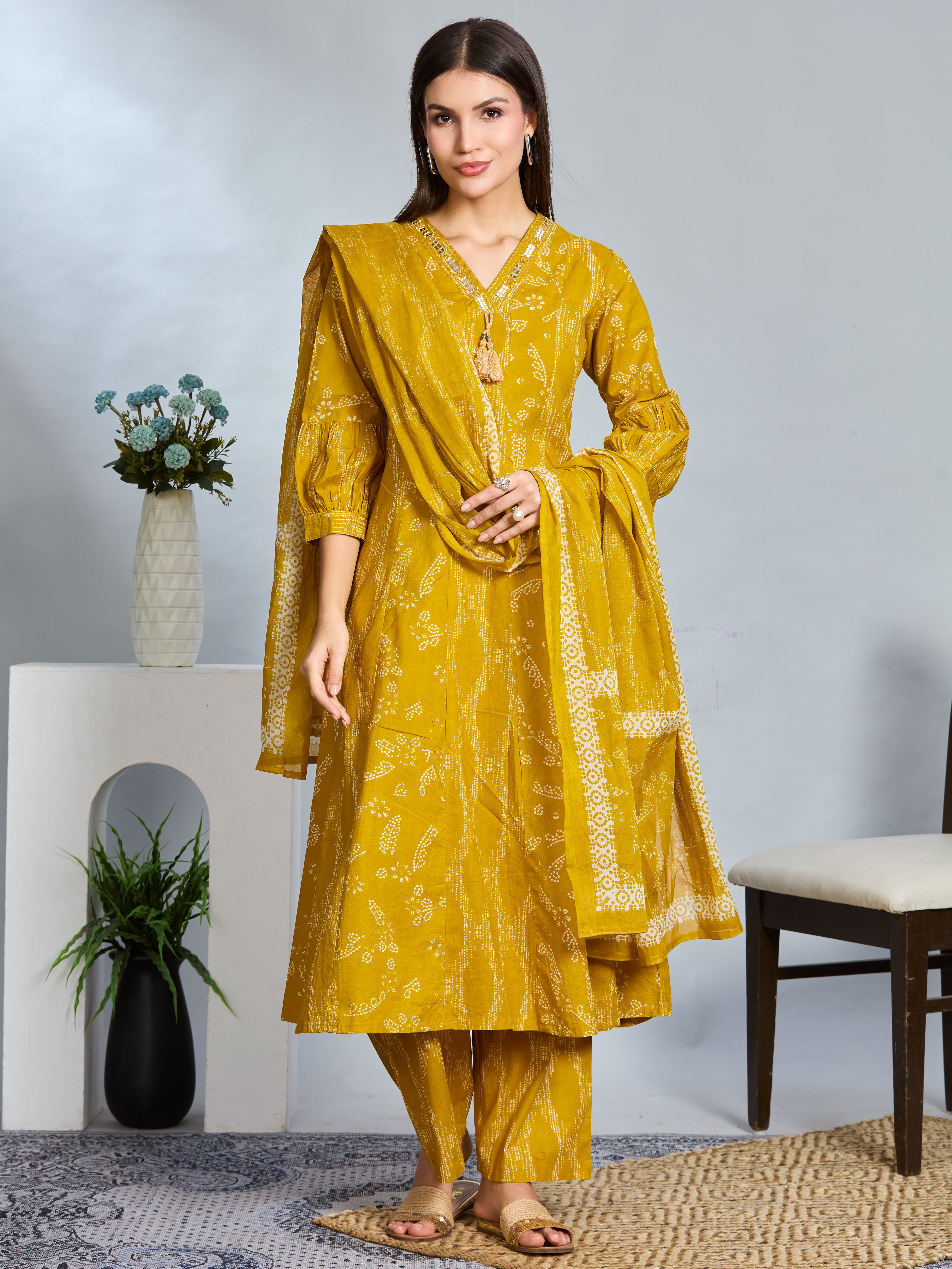 Amber Glow A-Line Suit Set with Ivory Block Prints with Cotton Dupatta