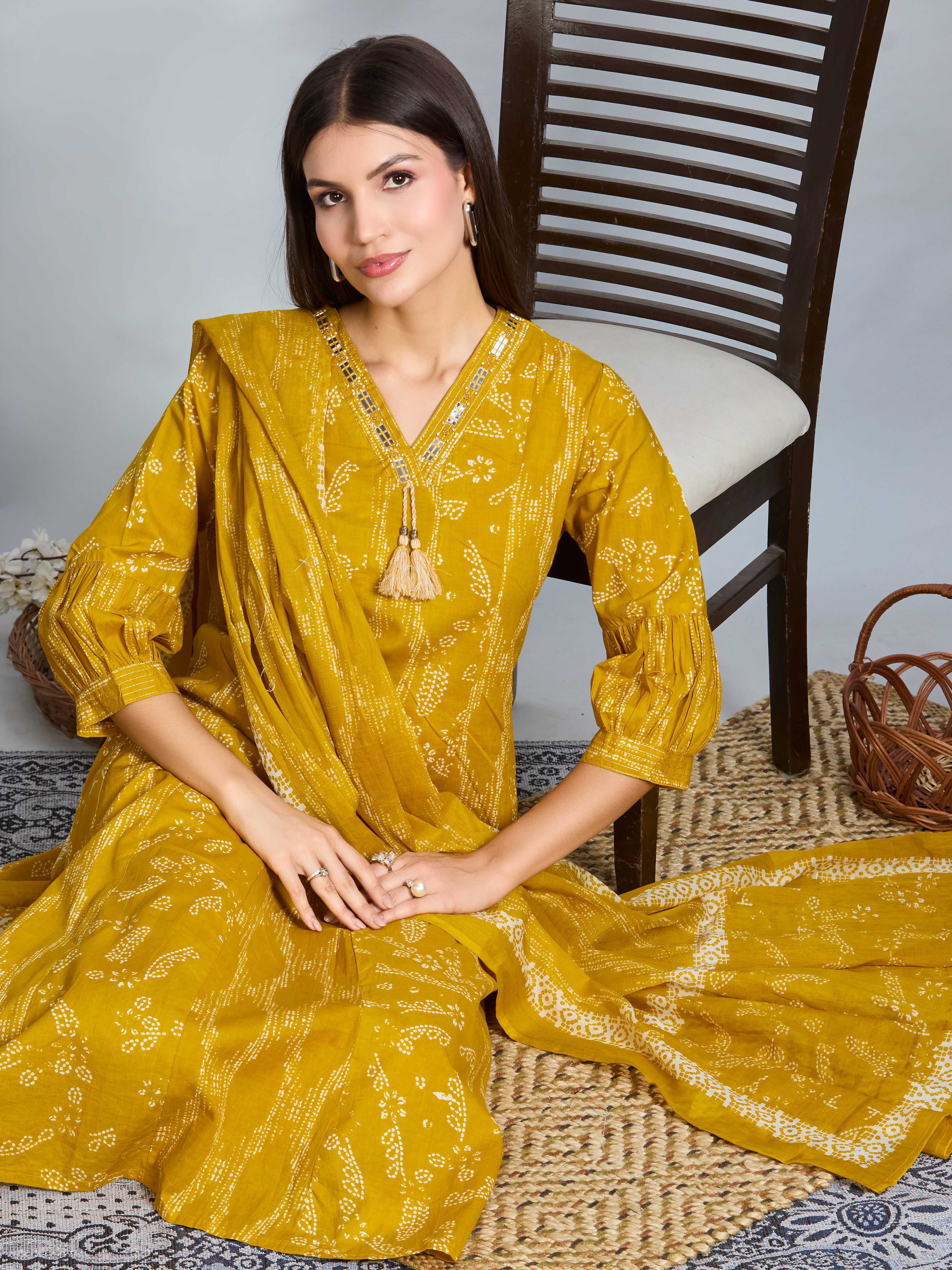 Amber Glow A-Line Suit Set with Ivory Block Prints with Cotton Dupatta