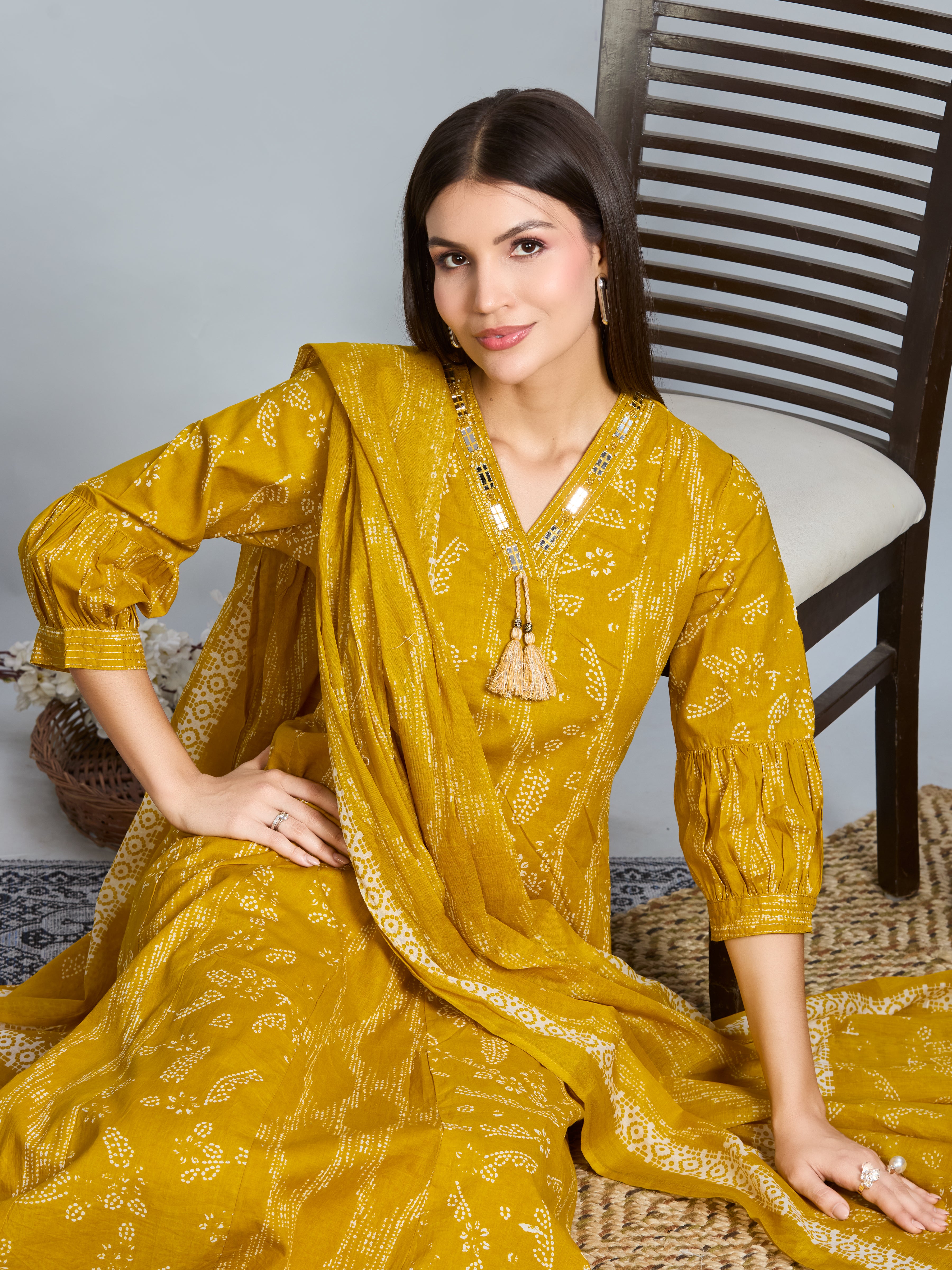 Amber Glow A-Line Suit Set with Ivory Block Prints with Cotton Dupatta