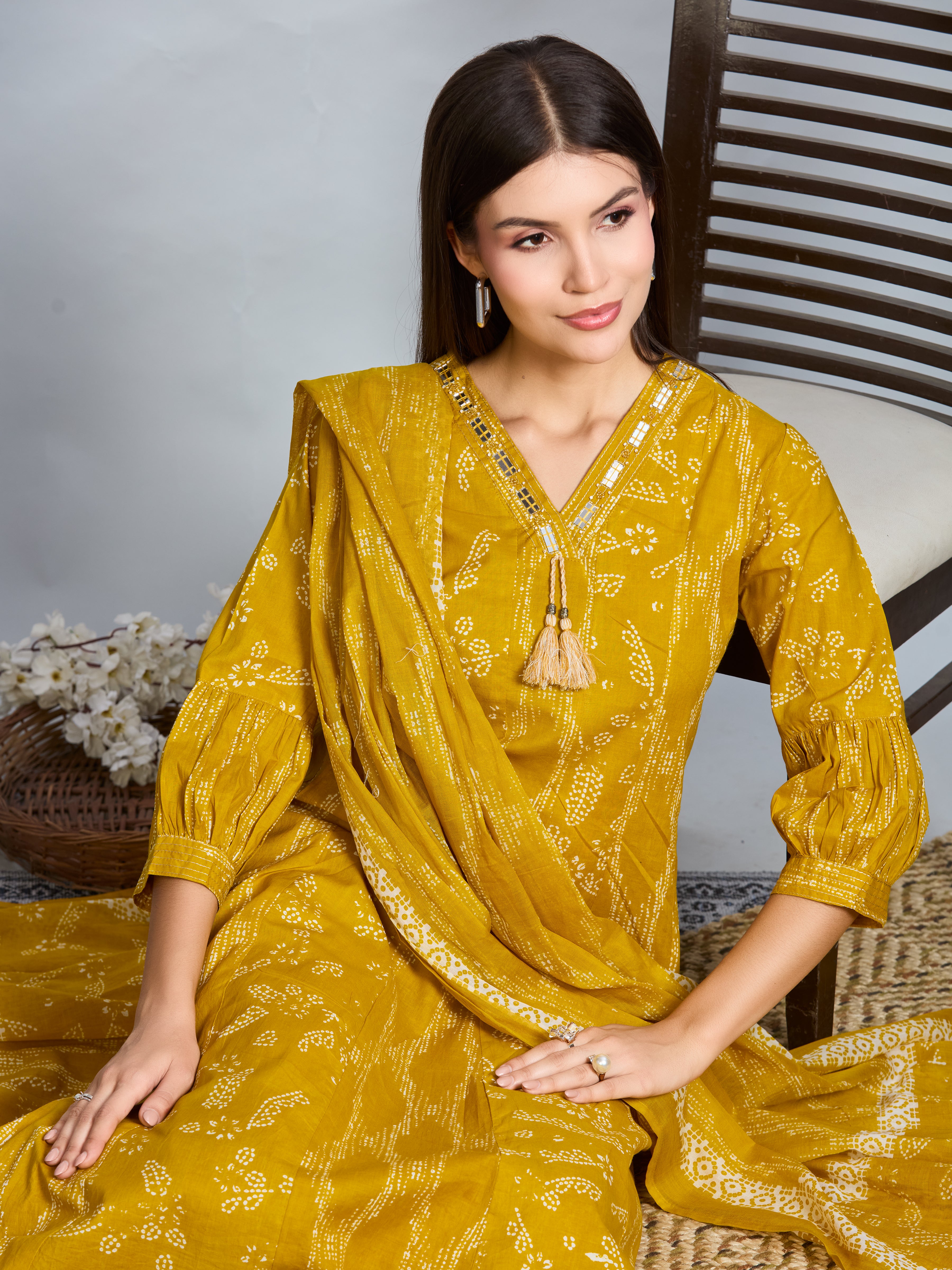 Amber Glow A-Line Suit Set with Ivory Block Prints with Cotton Dupatta