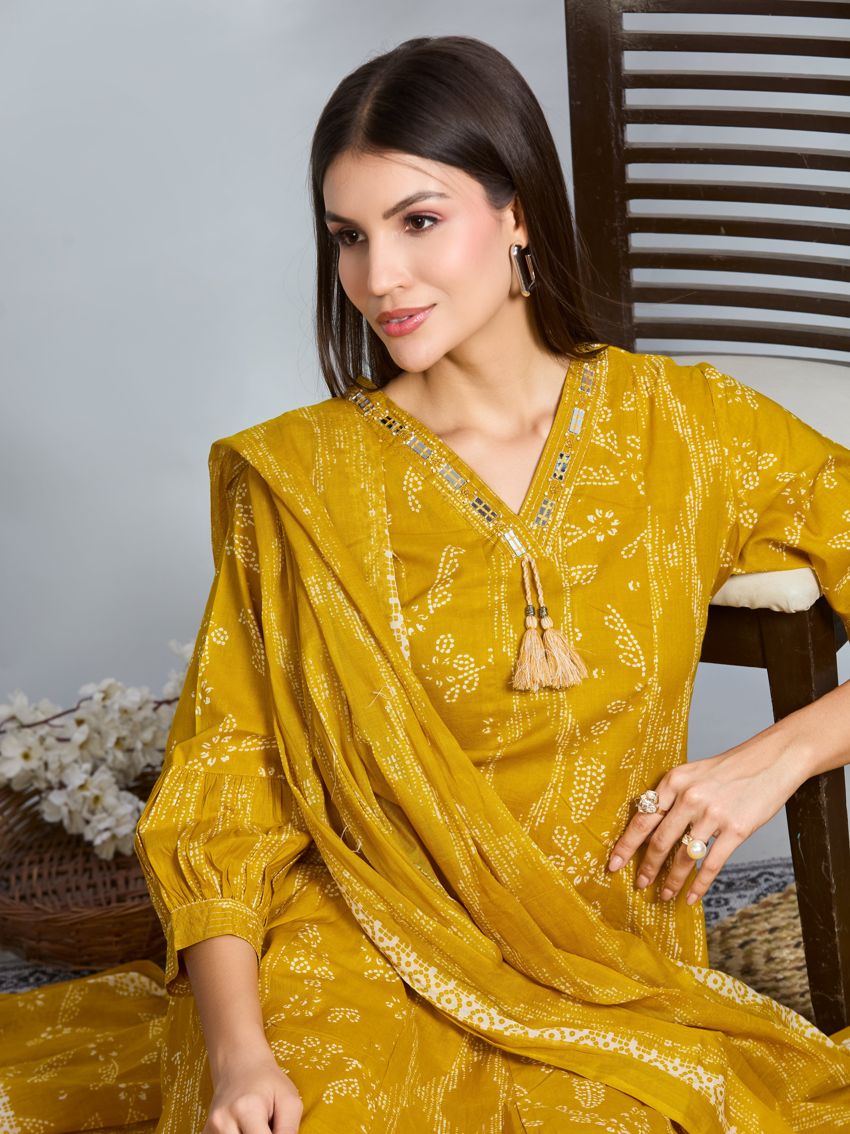 Amber Glow A-Line Suit Set with Ivory Block Prints with Cotton Dupatta