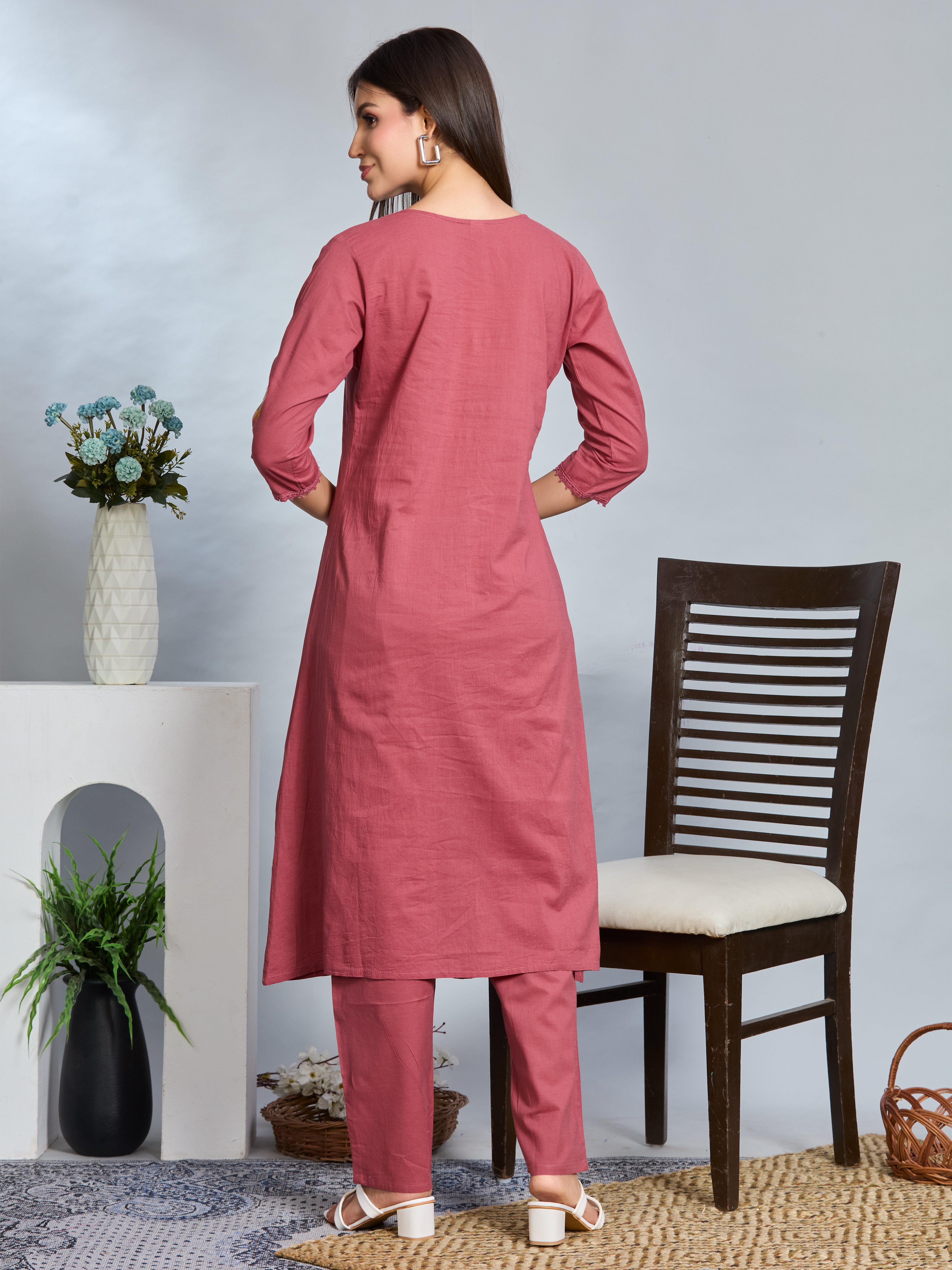 Dusty Pink Grace A-Line Suit Set with Multicolour Embroidered Details & Cotton Dupatta