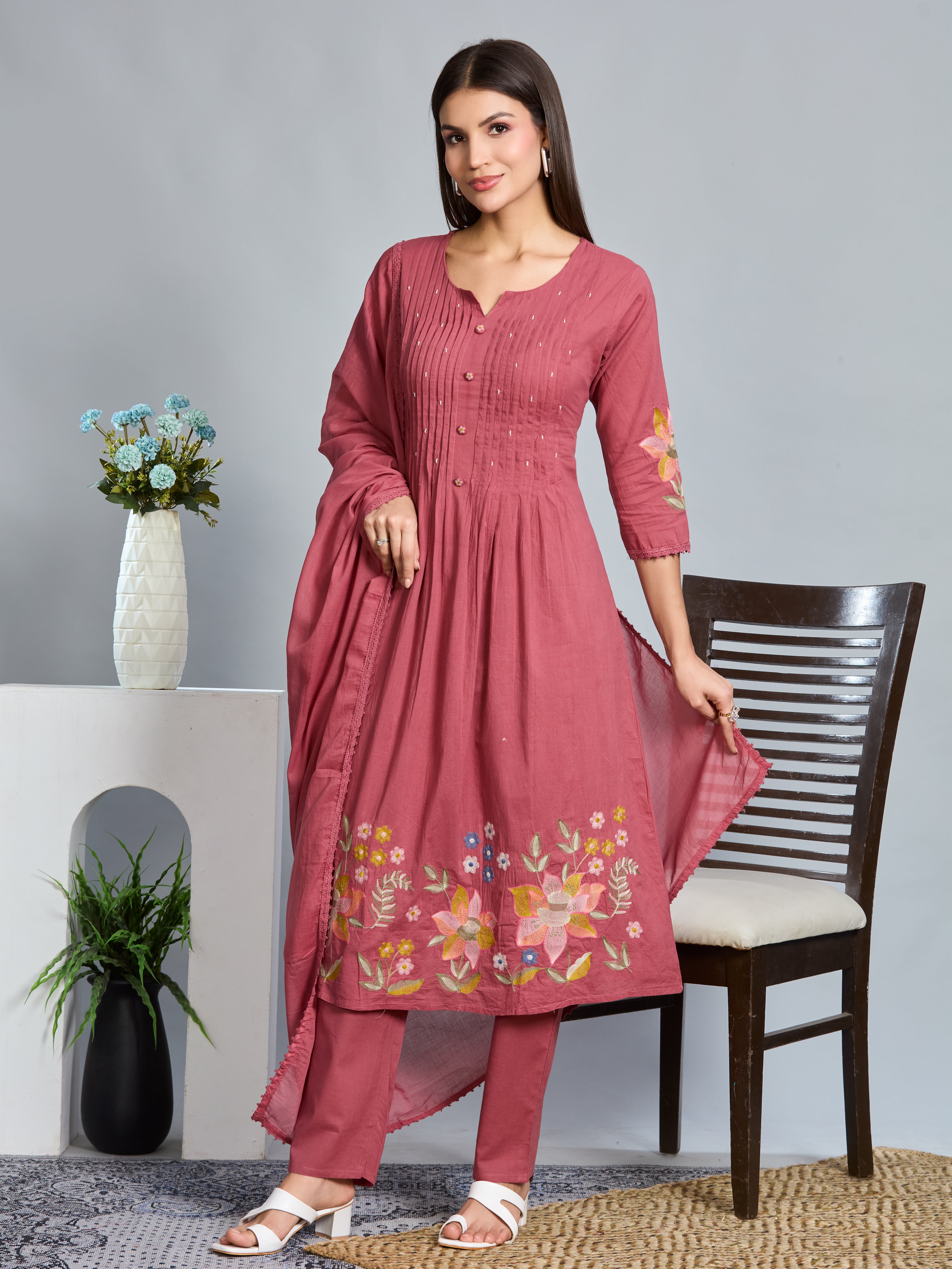 Dusty Pink Grace A-Line Suit Set with Multicolour Embroidered Details & Cotton Dupatta