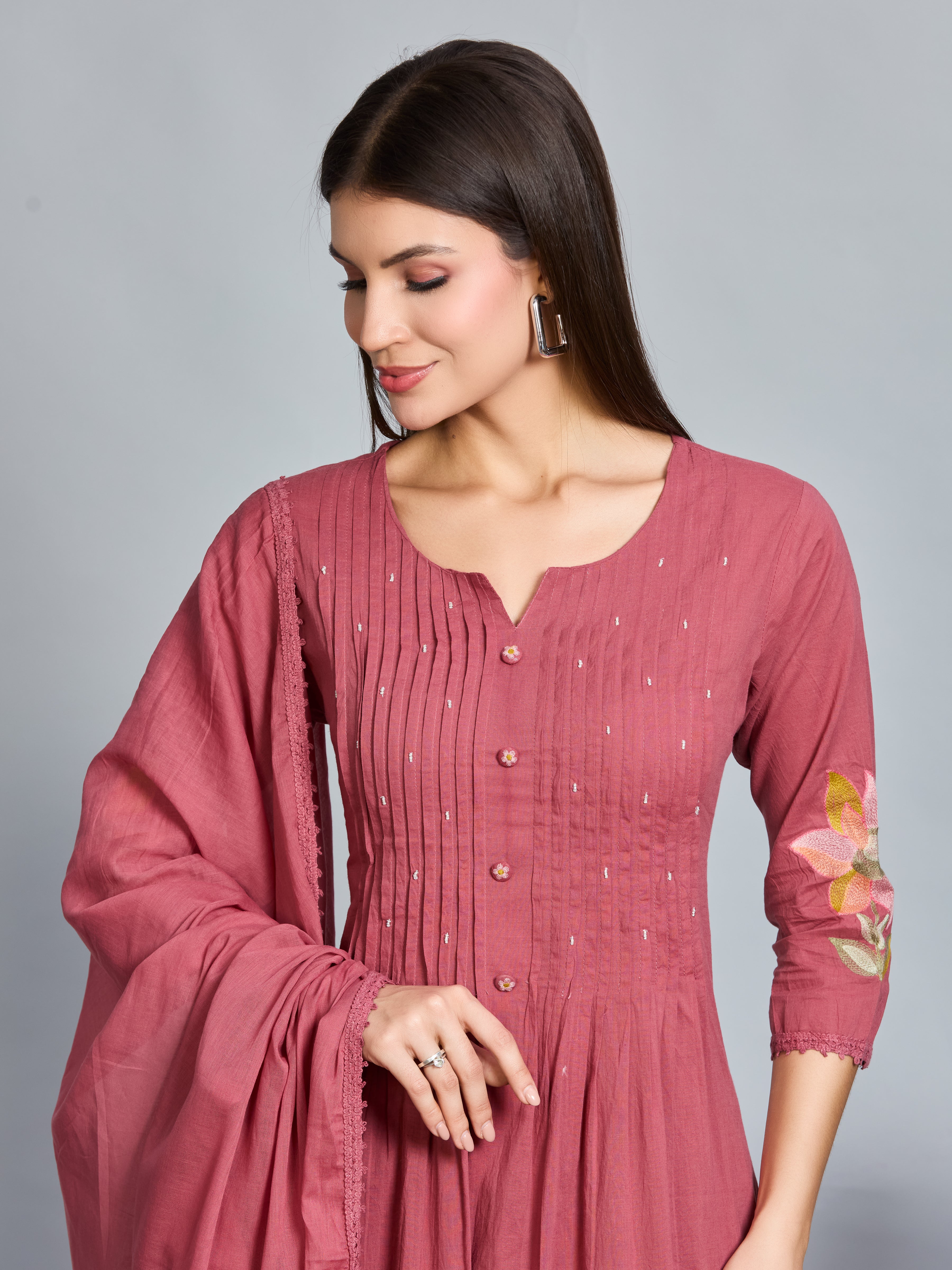 Dusty Pink Grace A-Line Suit Set with Multicolour Embroidered Details & Cotton Dupatta