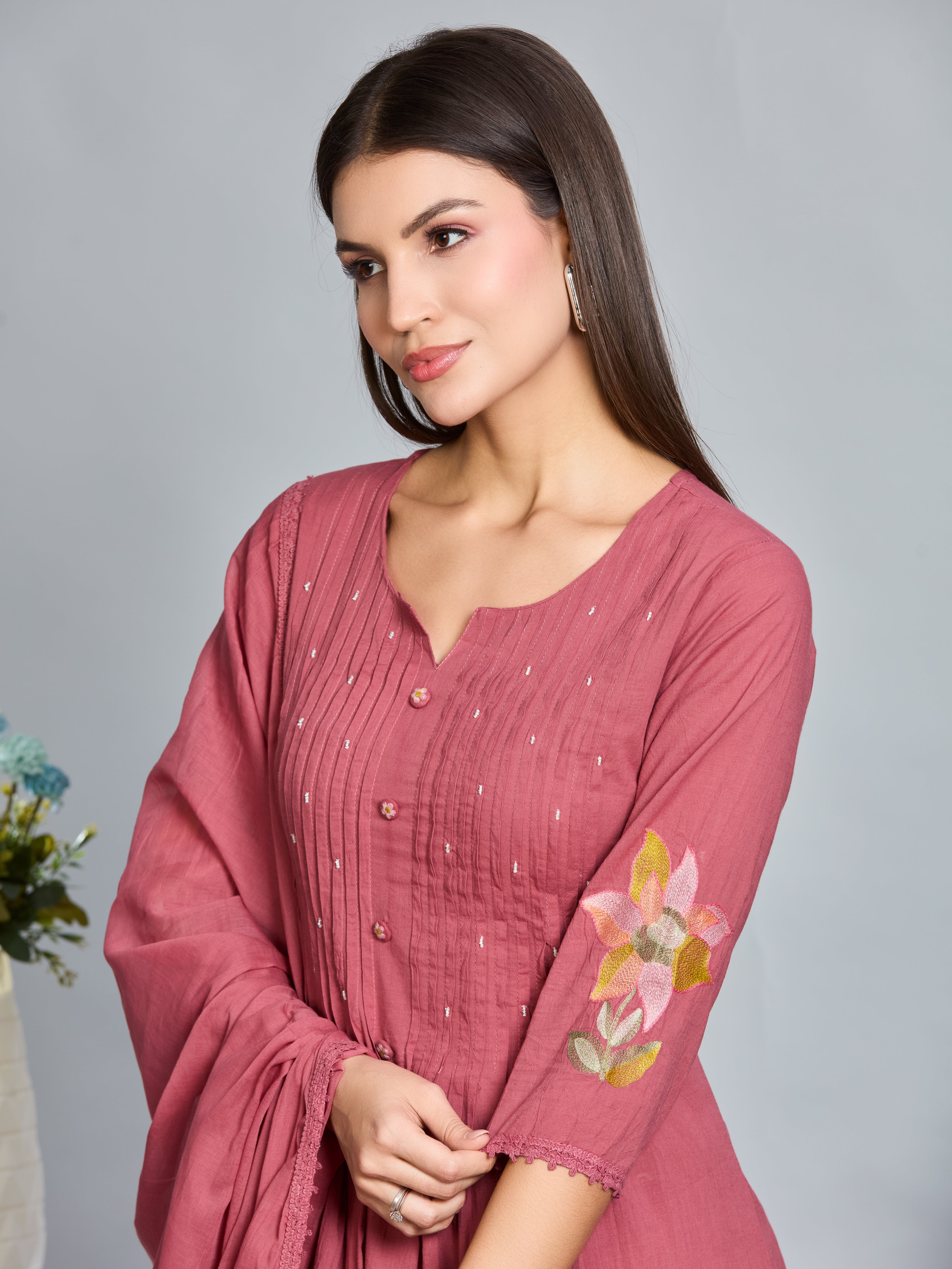 Dusty Pink Grace A-Line Suit Set with Multicolour Embroidered Details & Cotton Dupatta