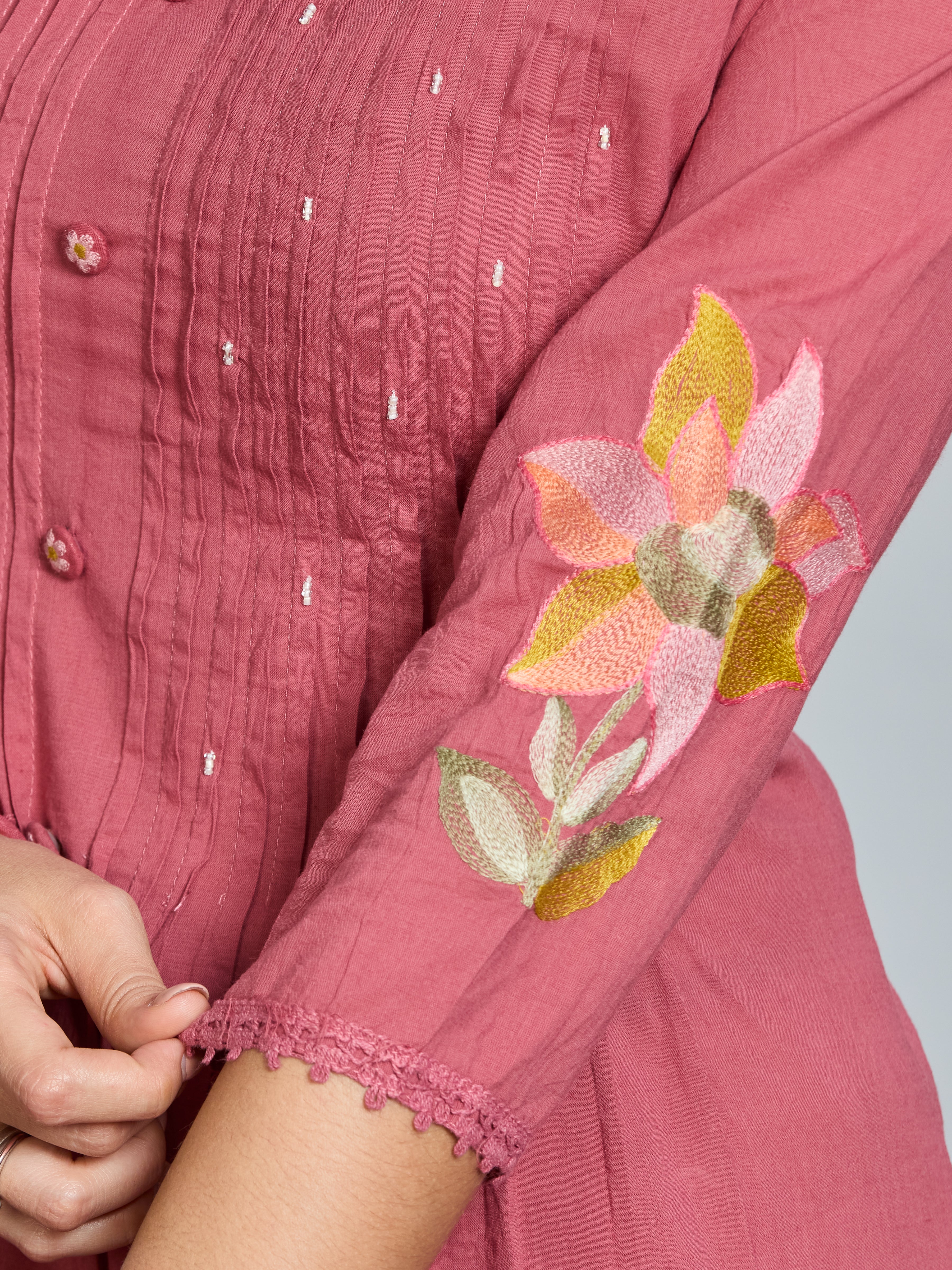 Dusty Pink Grace A-Line Suit Set with Multicolour Embroidered Details & Cotton Dupatta