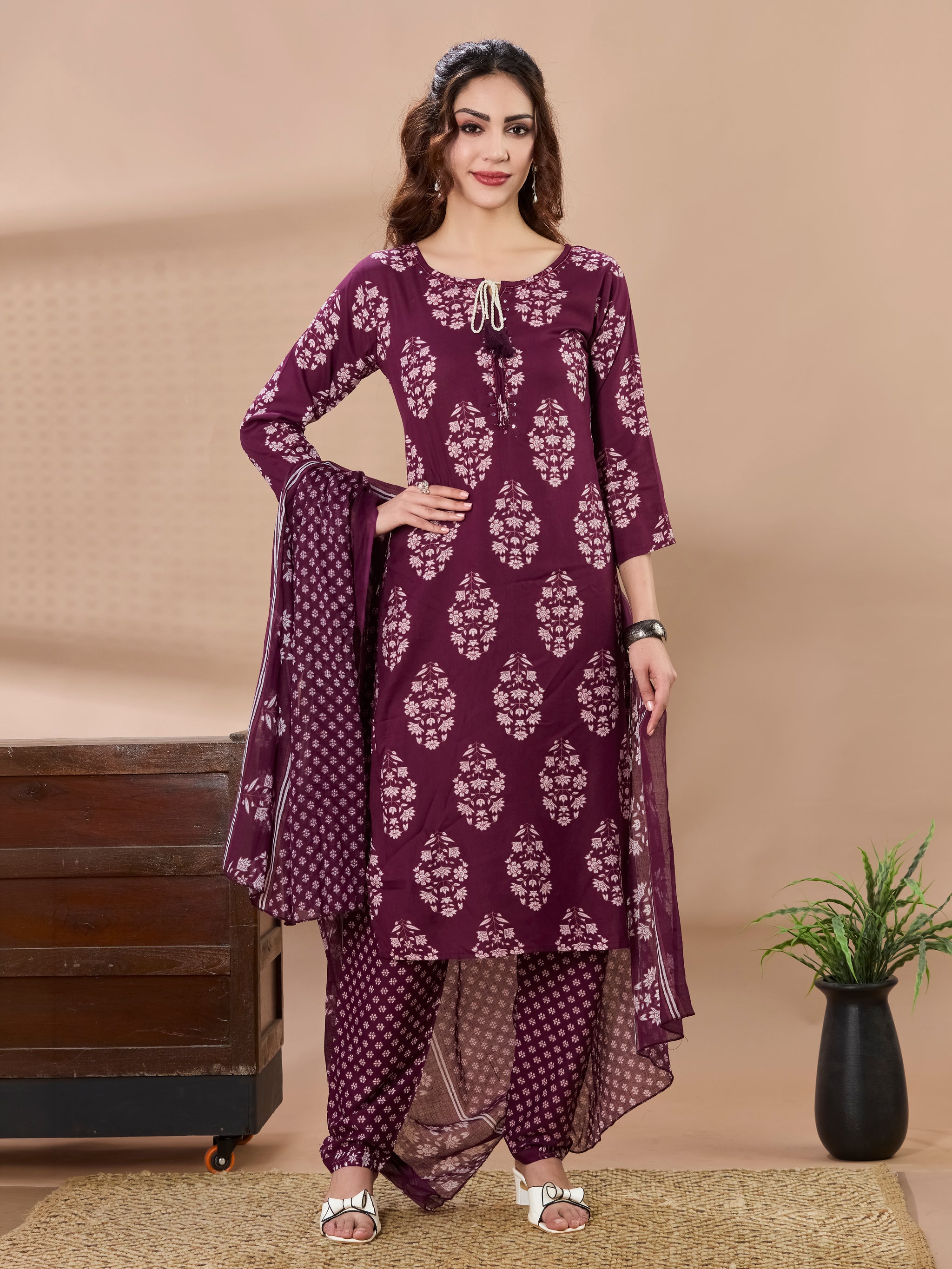 Floral Block Print Cotton Straight Suit Set with Dupatta