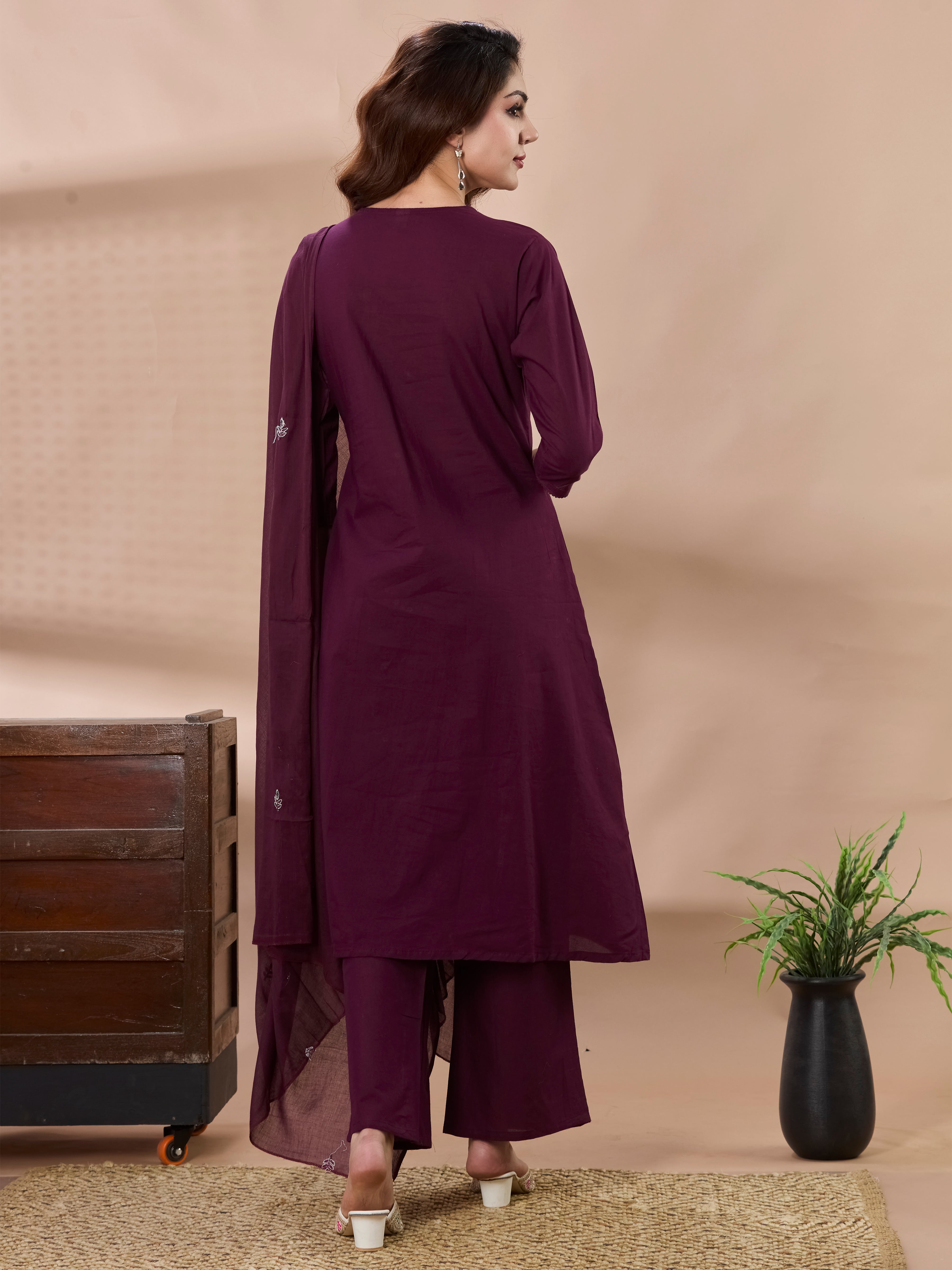 Floral Palazzo A-Line Kurta Set in Pure Cotton with Tassel V-Neck