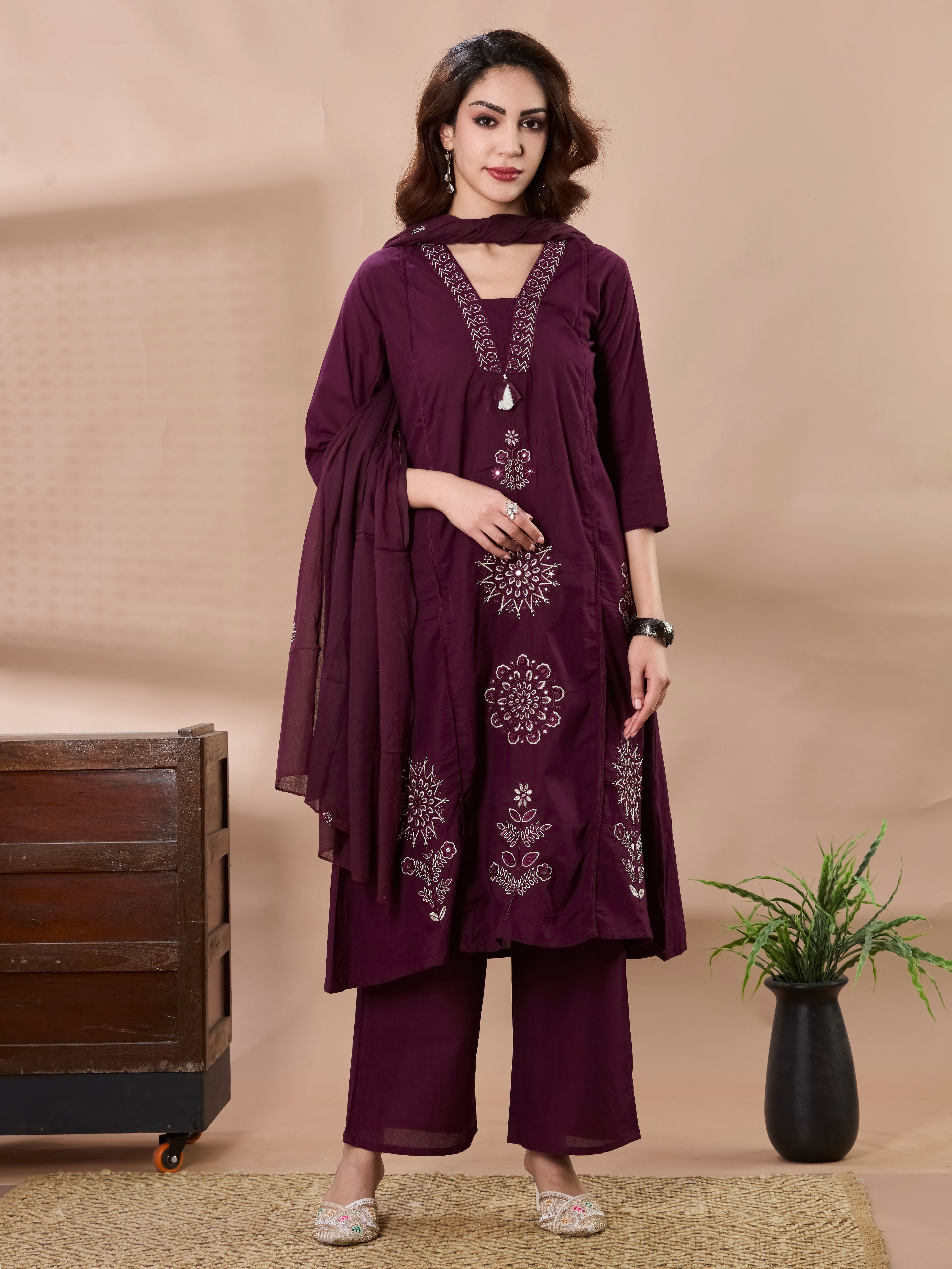 Floral Palazzo A-Line Kurta Set in Pure Cotton with Tassel V-Neck