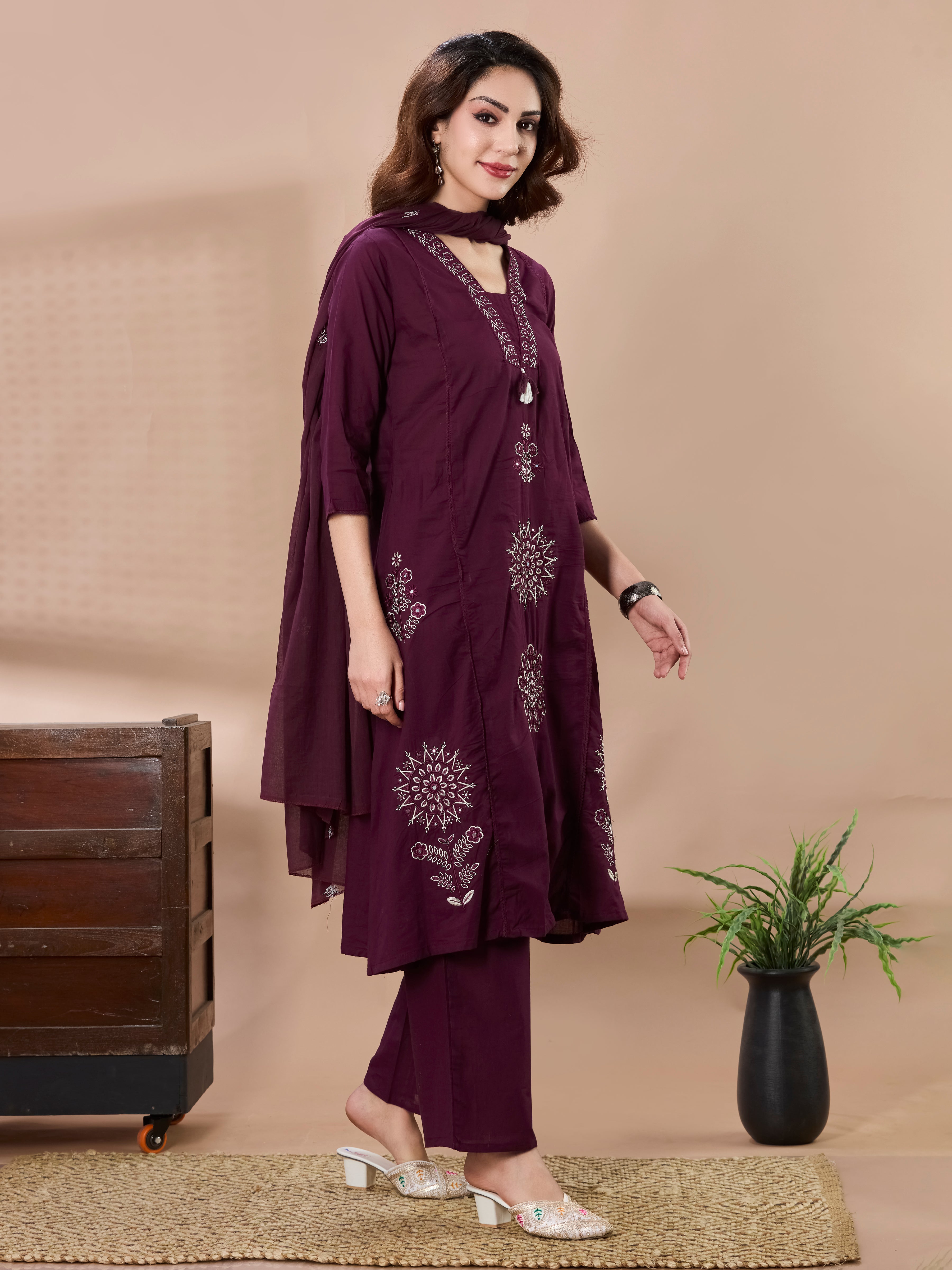 Floral Palazzo A-Line Kurta Set in Pure Cotton with Tassel V-Neck