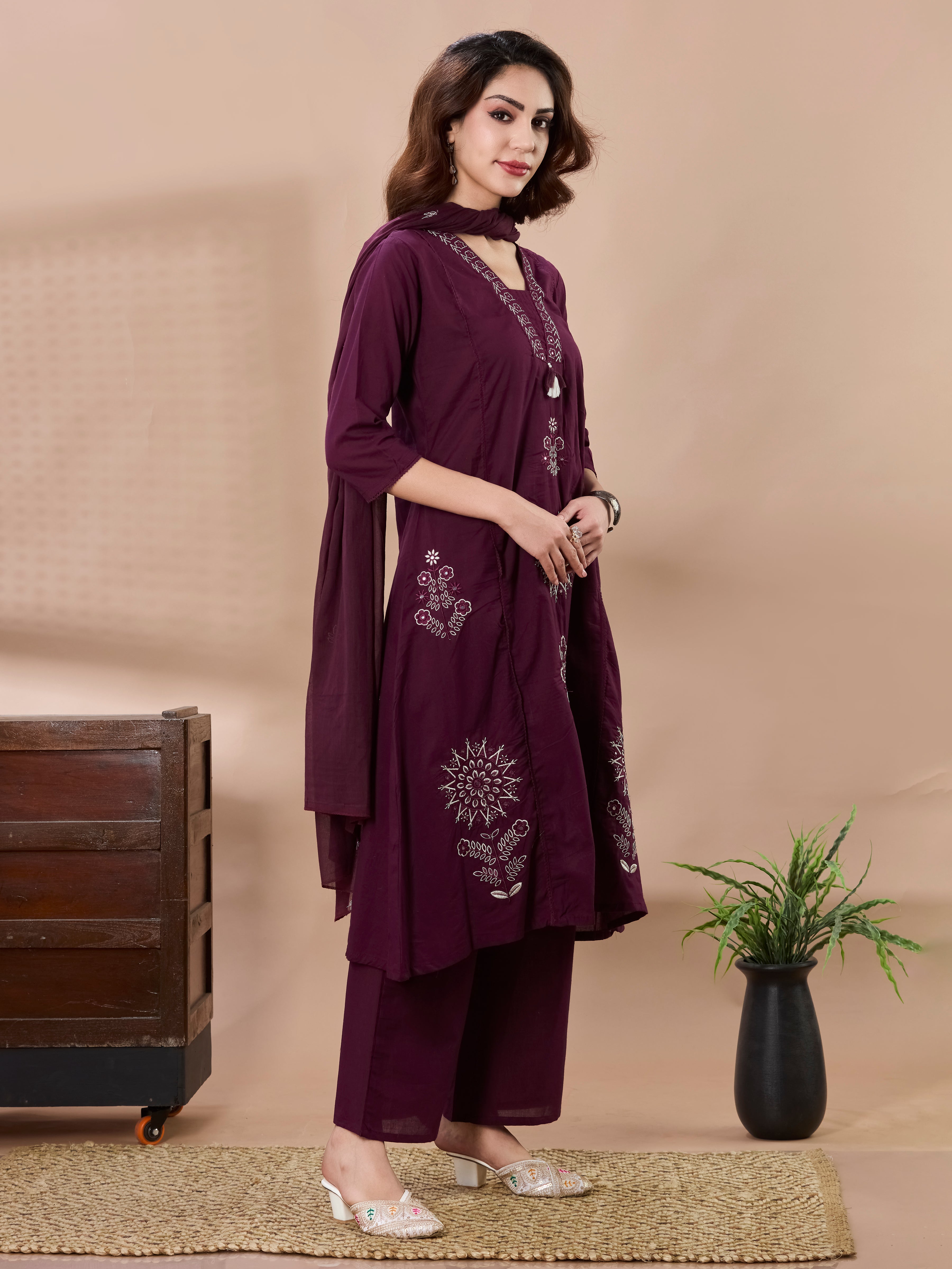 Floral Palazzo A-Line Kurta Set in Pure Cotton with Tassel V-Neck