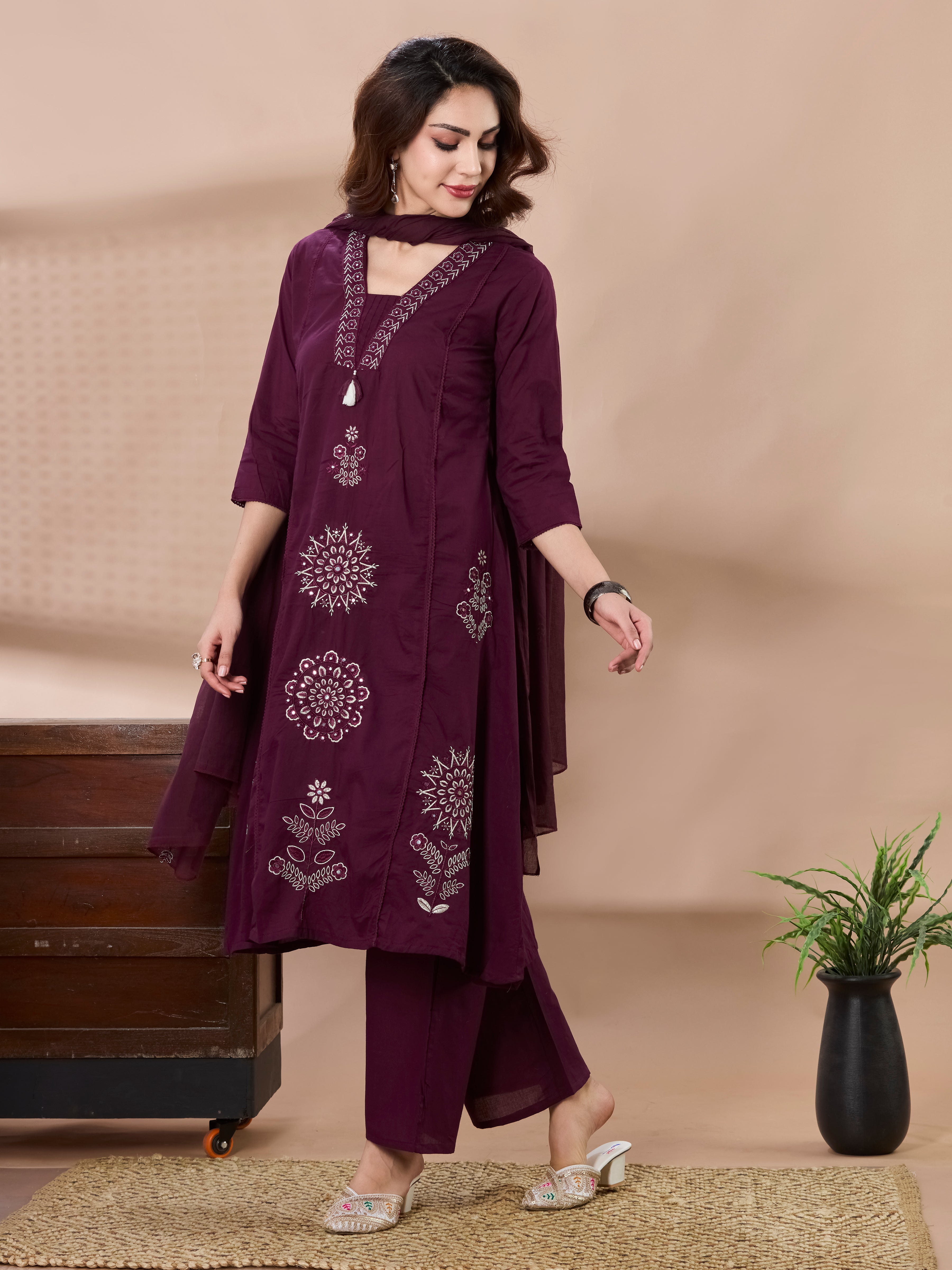 Floral Palazzo A-Line Kurta Set in Pure Cotton with Tassel V-Neck