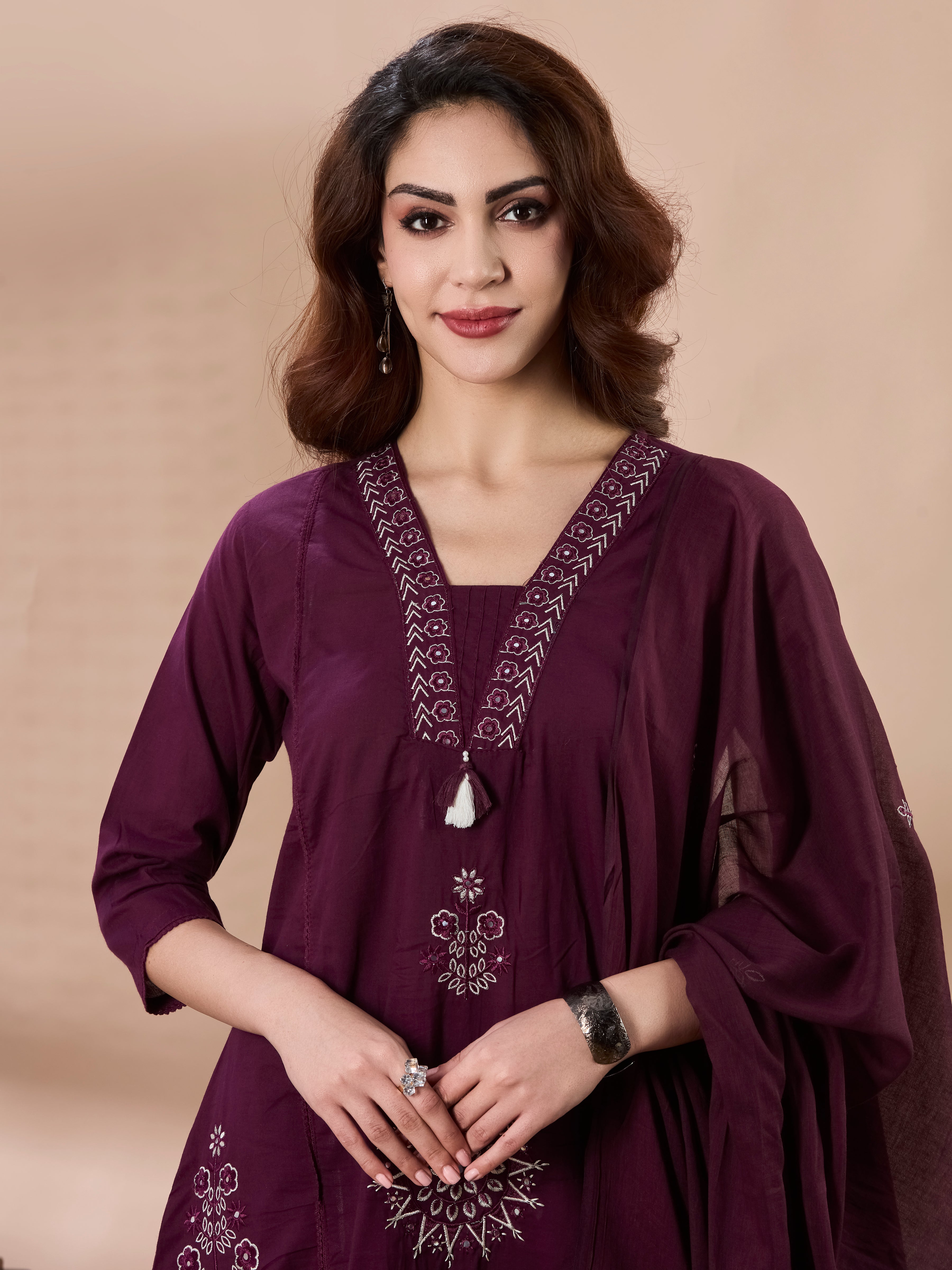 Floral Palazzo A-Line Kurta Set in Pure Cotton with Tassel V-Neck