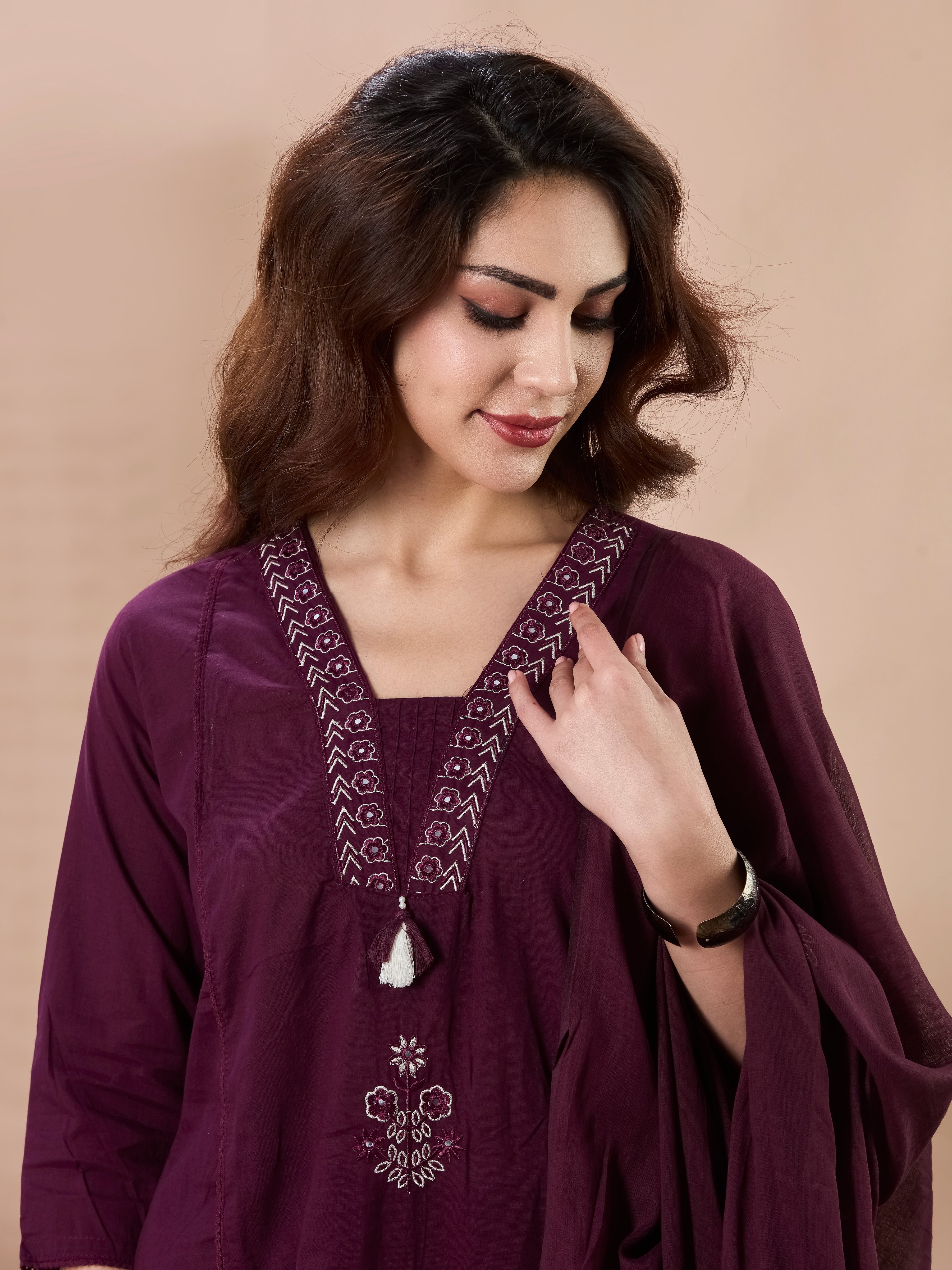 Floral Palazzo A-Line Kurta Set in Pure Cotton with Tassel V-Neck