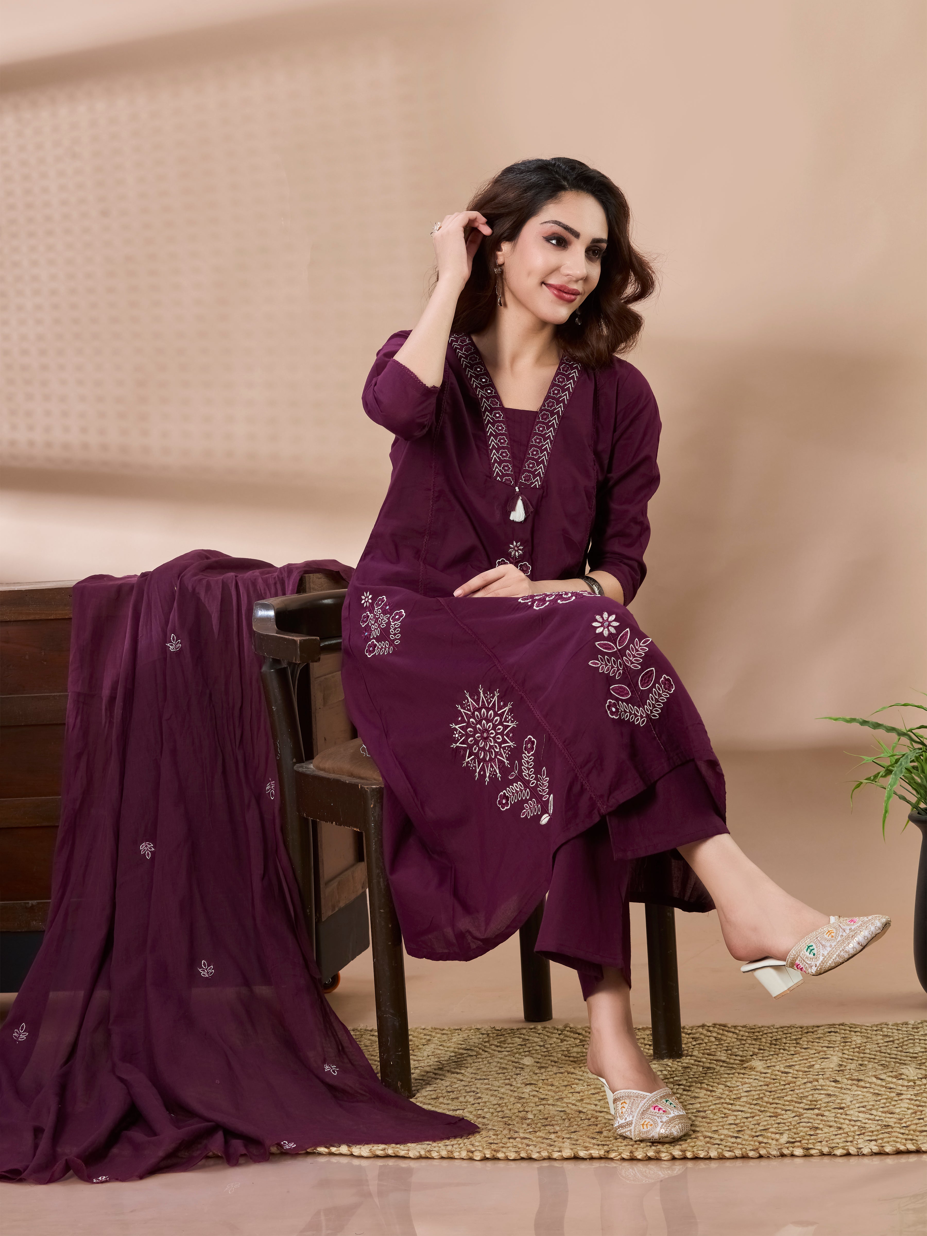 Floral Palazzo A-Line Kurta Set in Pure Cotton with Tassel V-Neck