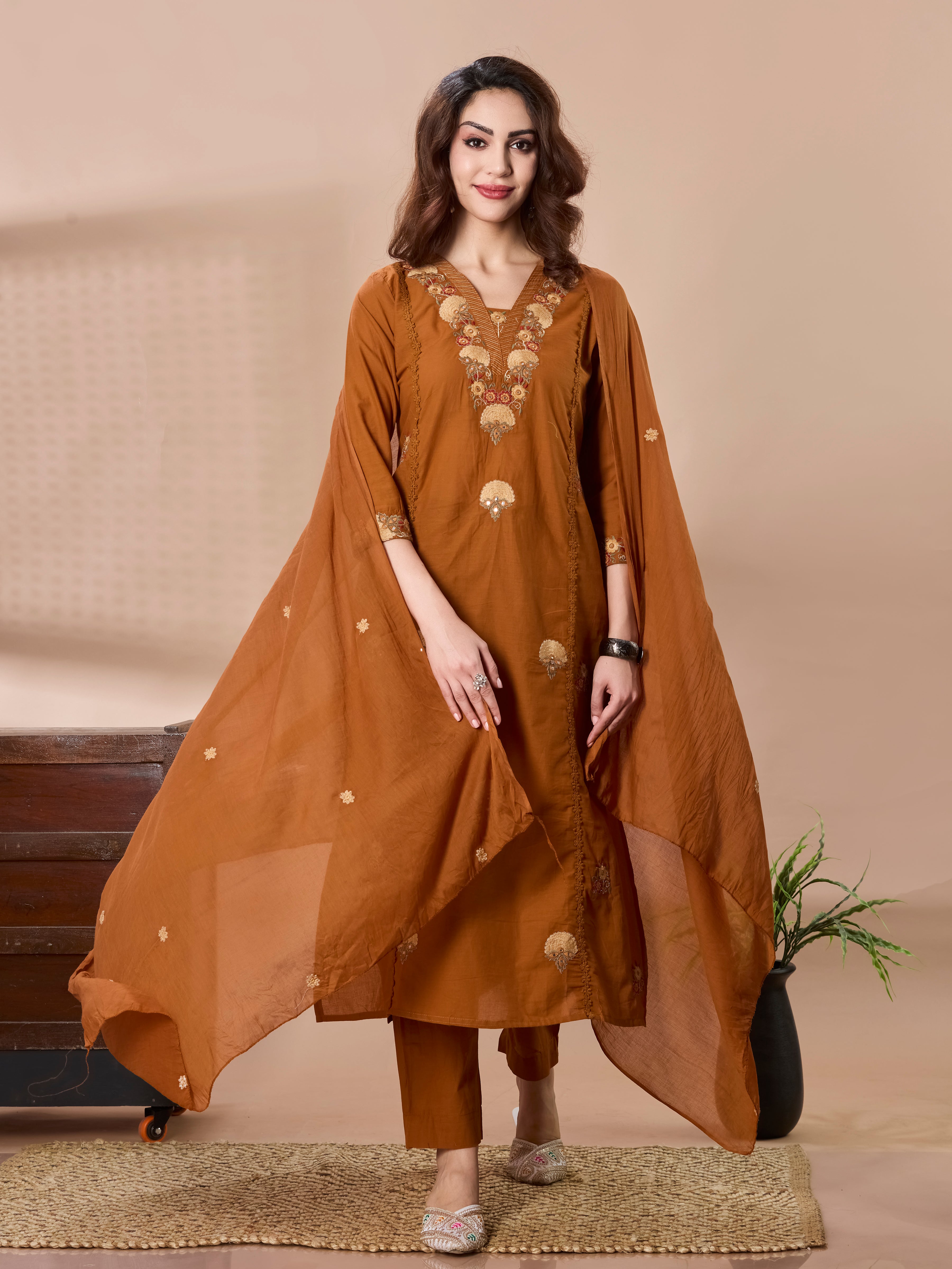 Ochre Blossom Thread Embroidered A-Line Suit Set with Dupatta