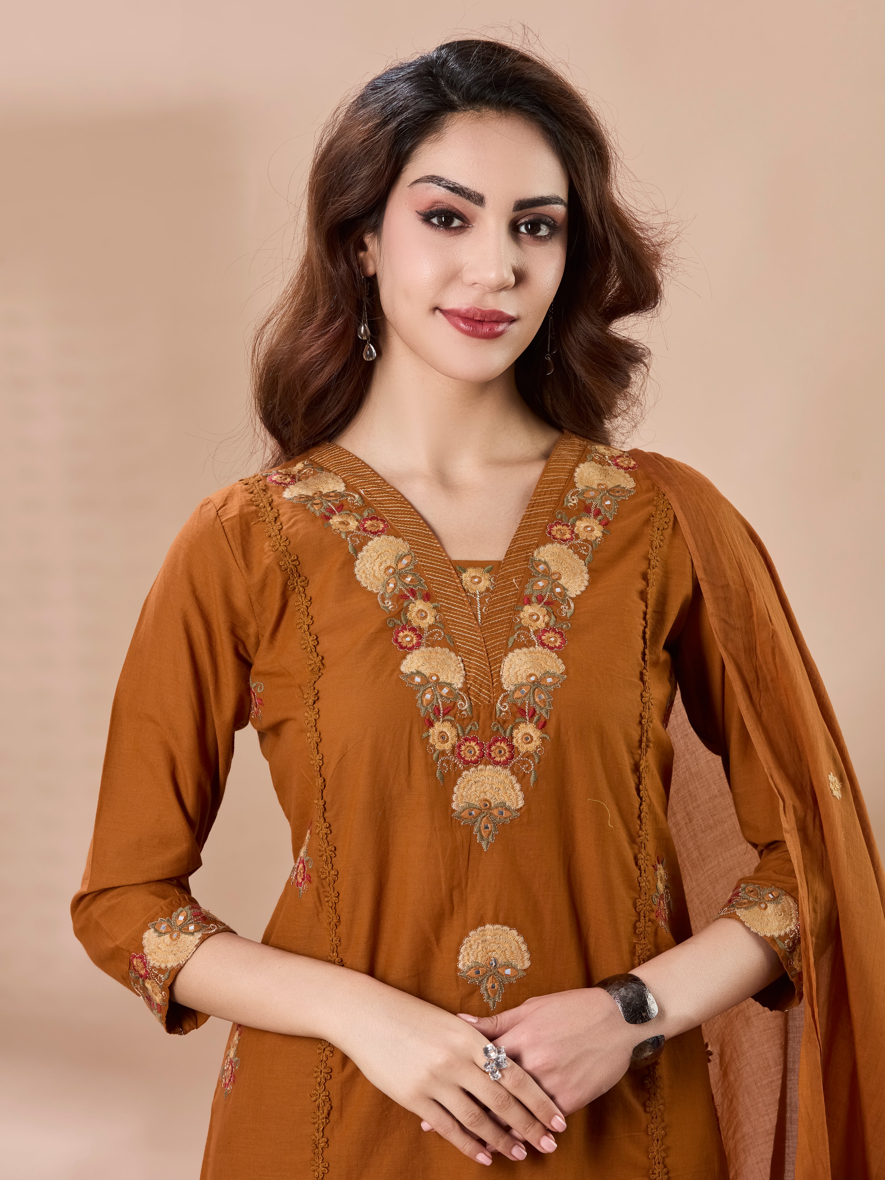 Ochre Blossom Thread Embroidered A-Line Suit Set with Dupatta