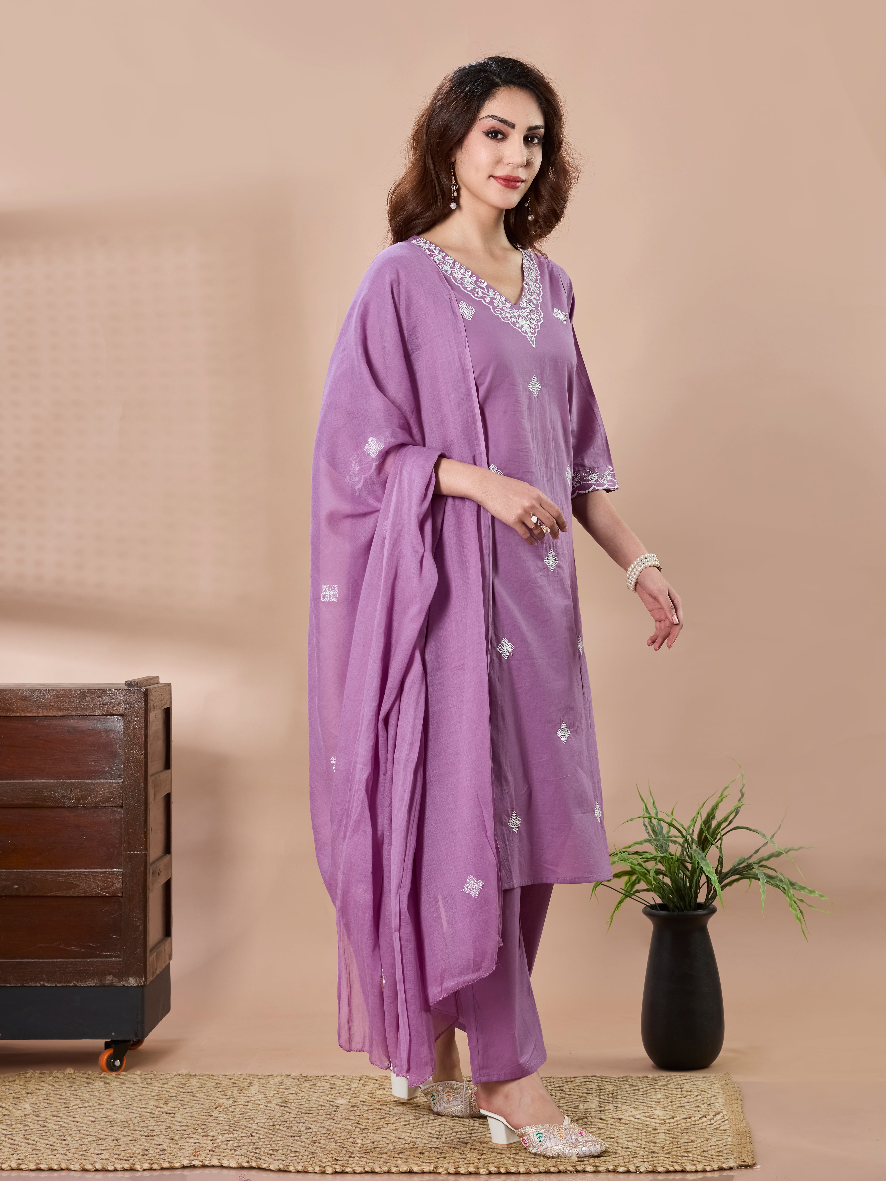 Petal Whisper Cotton Embroidered Straight Suit Set with Dupatta