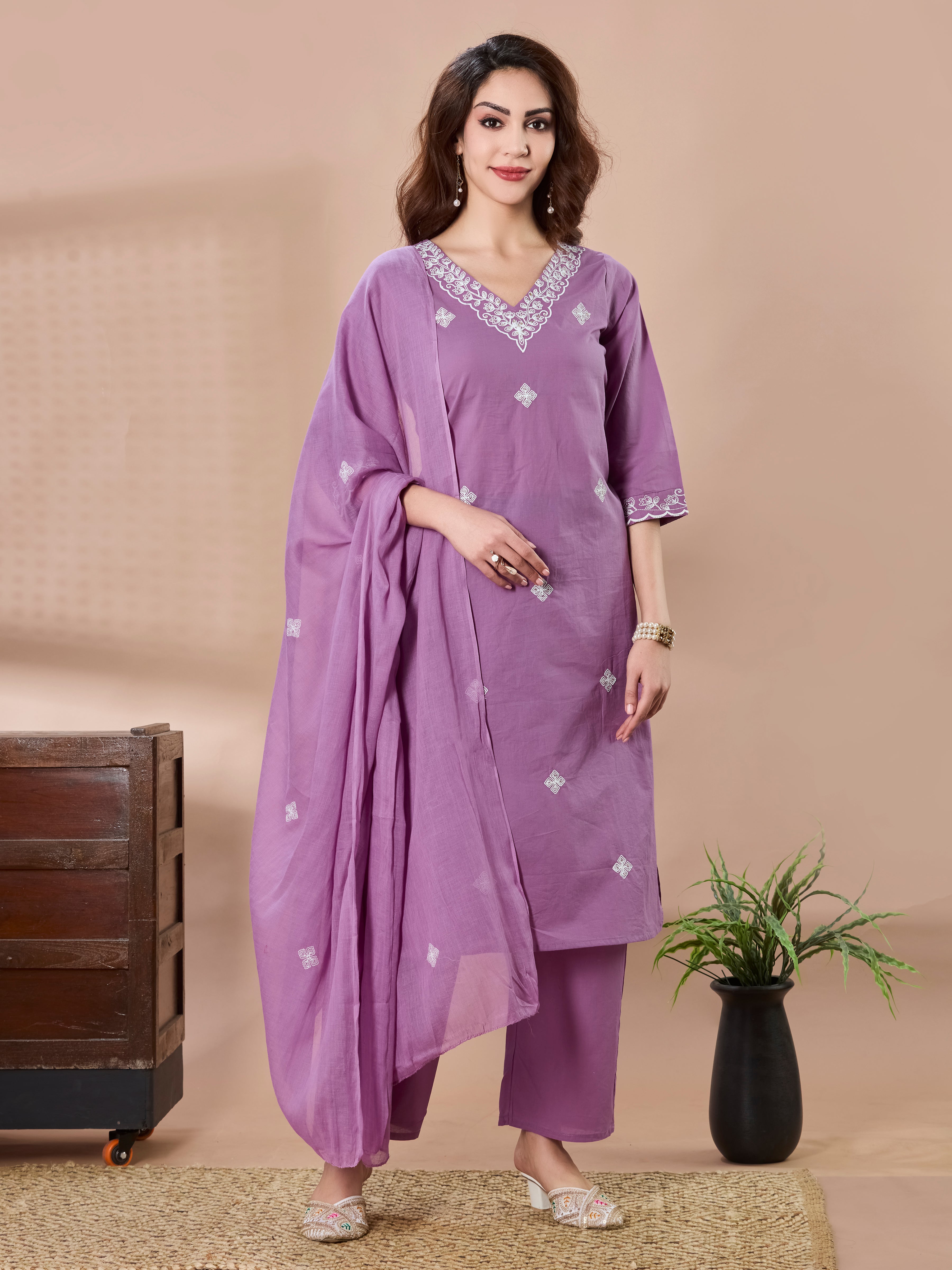 Petal Whisper Cotton Embroidered Straight Suit Set with Dupatta
