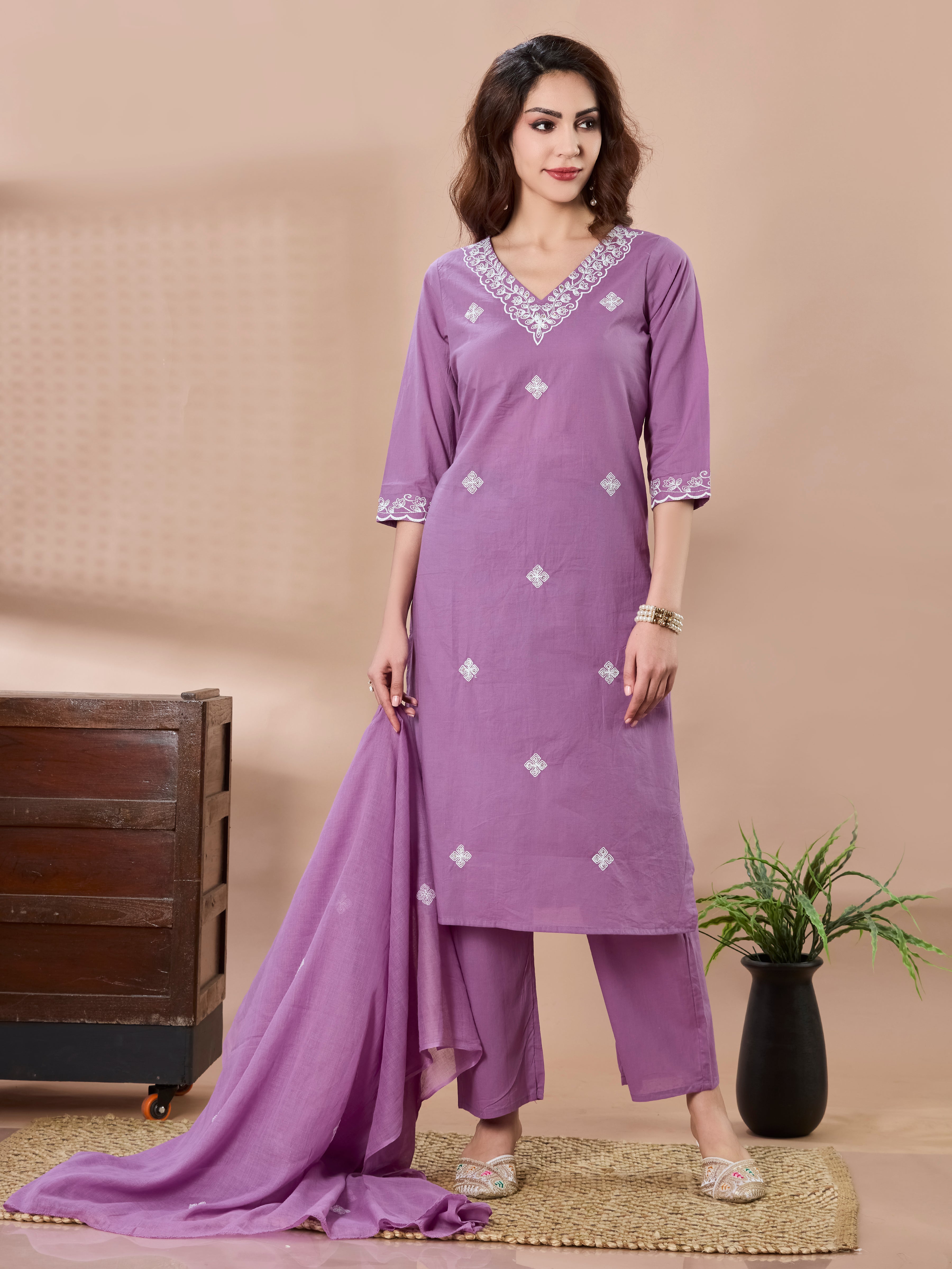 Petal Whisper Cotton Embroidered Straight Suit Set with Dupatta