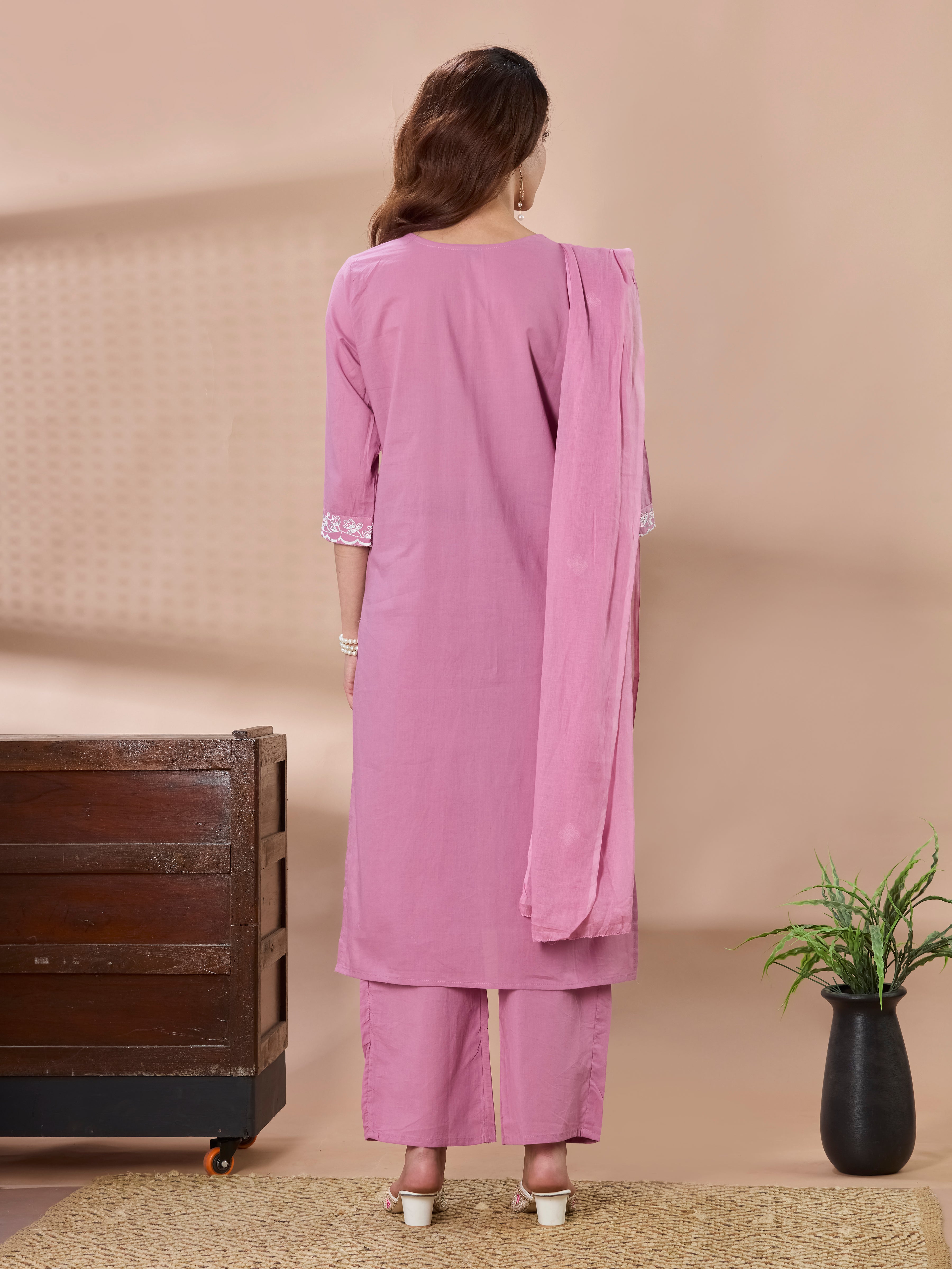 Petal Whisper Cotton Embroidered Straight Suit Set with Dupatta