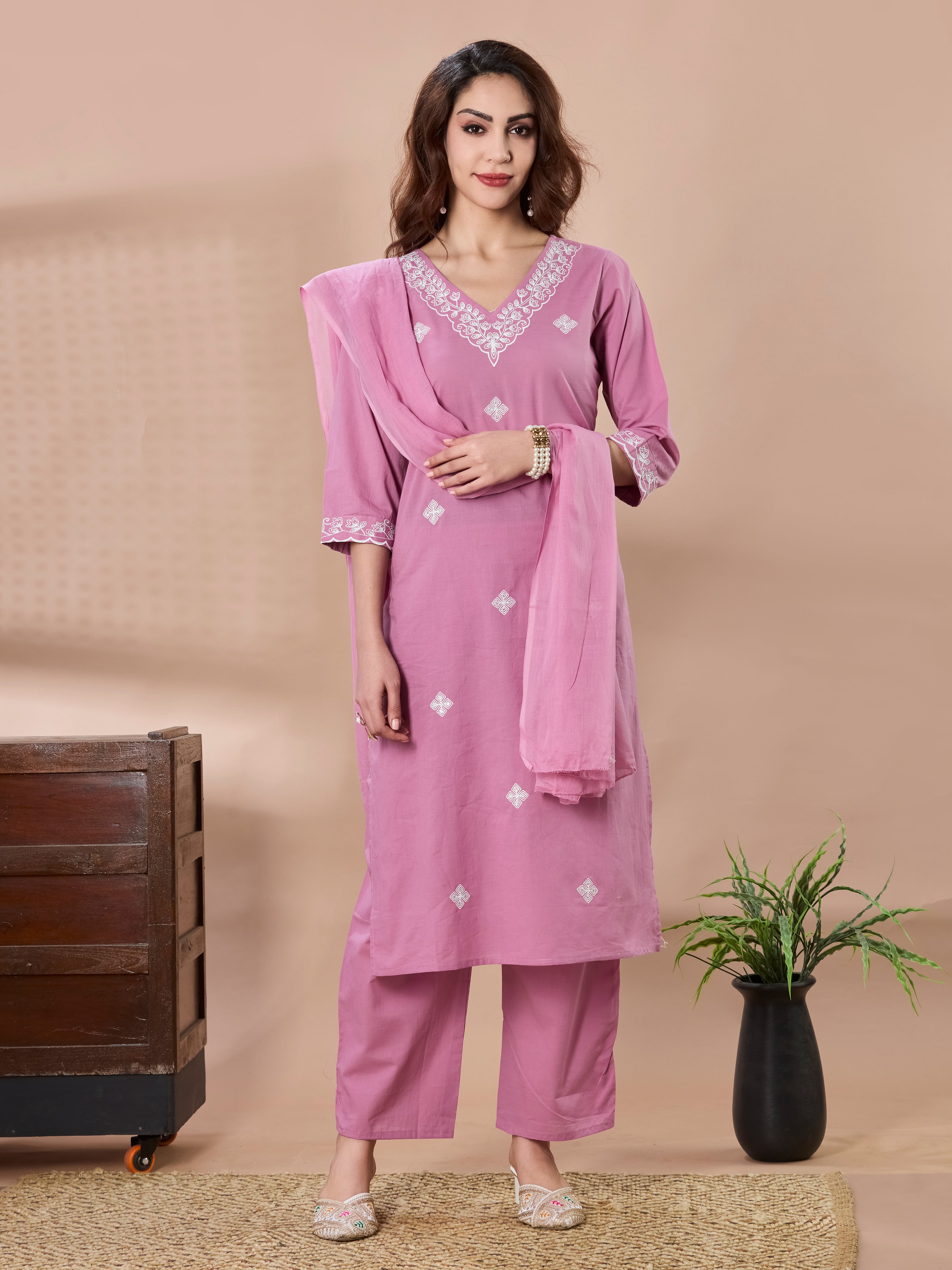 Petal Whisper Cotton Embroidered Straight Suit Set with Dupatta