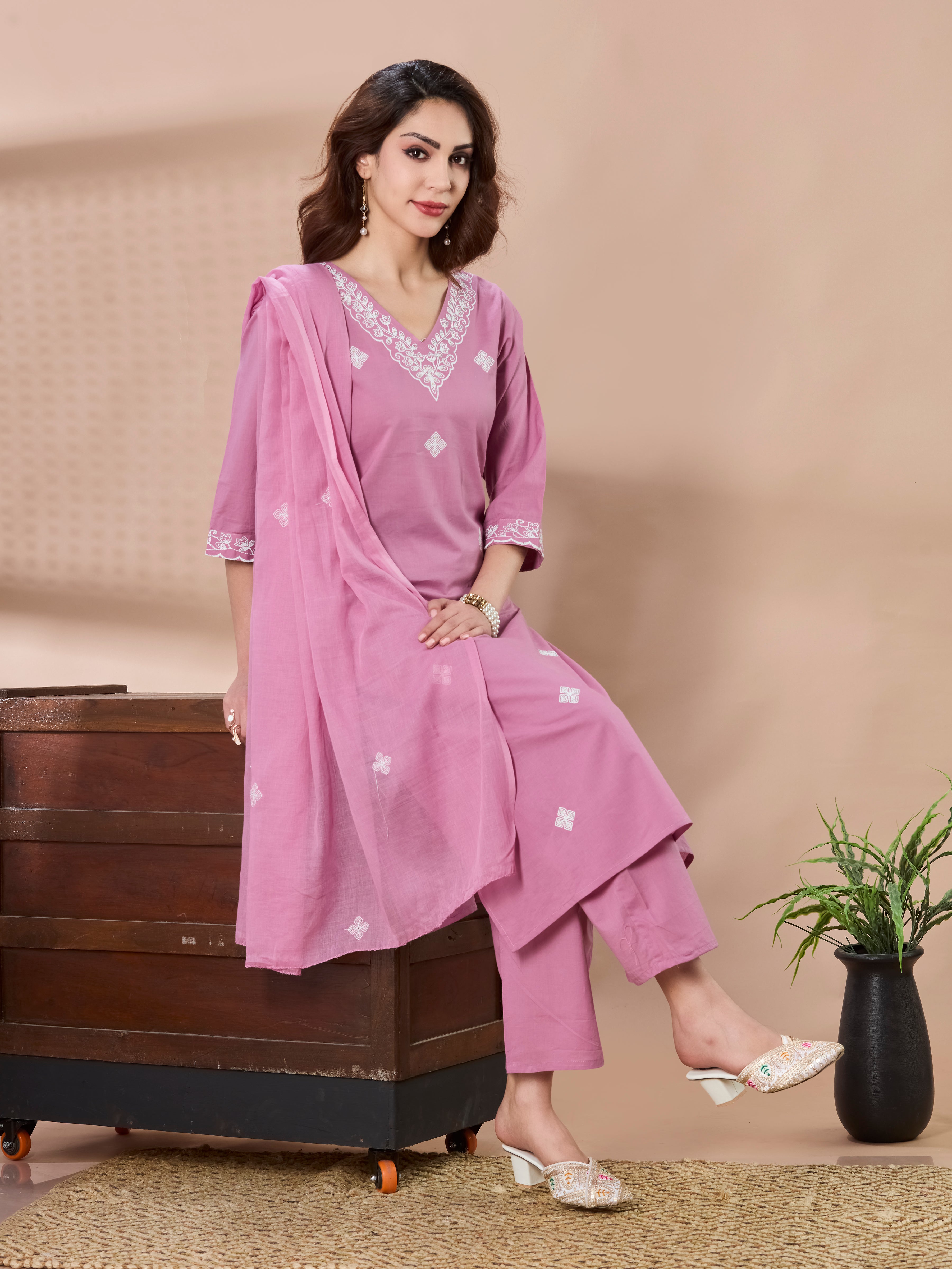 Petal Whisper Cotton Embroidered Straight Suit Set with Dupatta