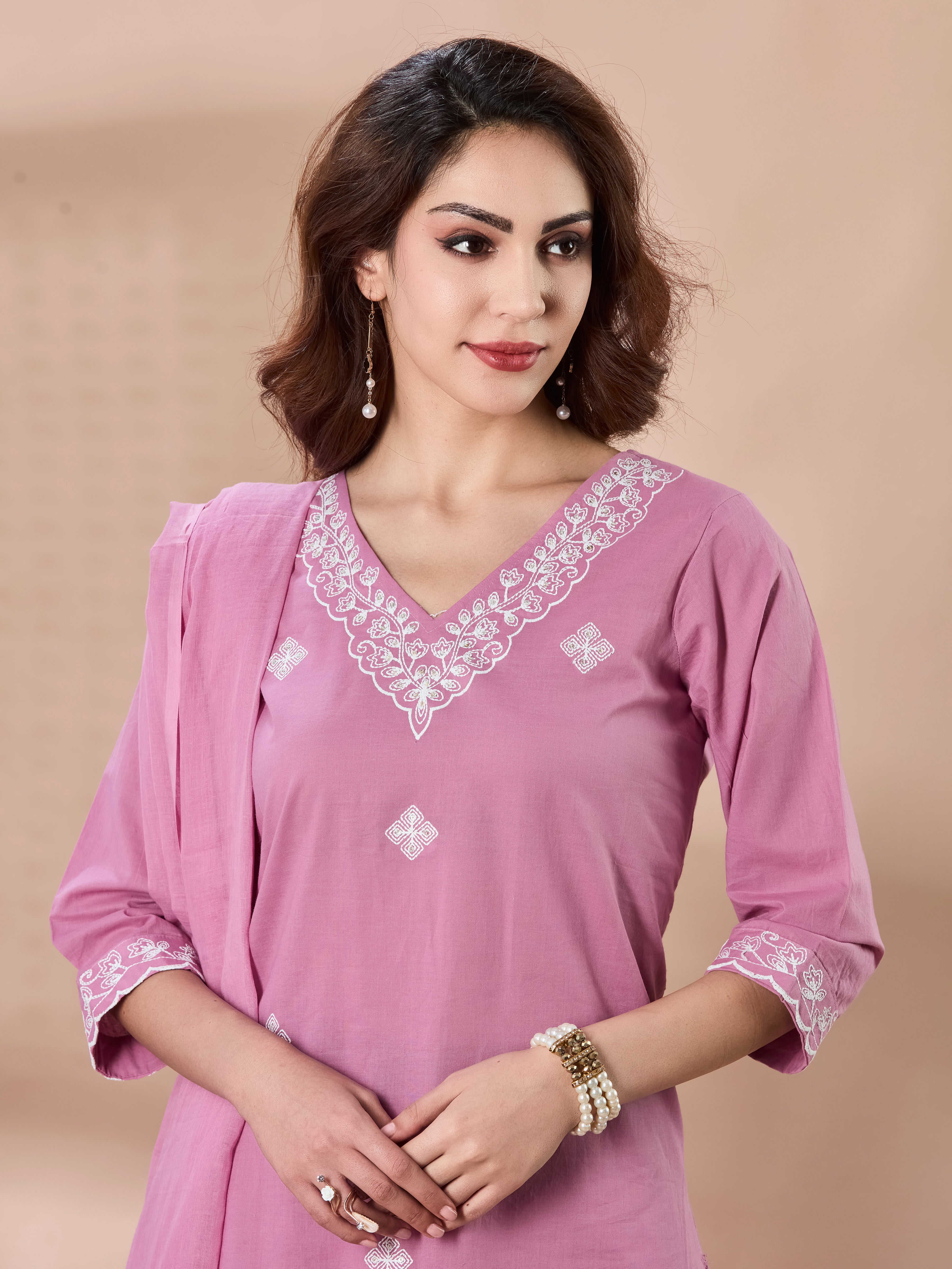 Petal Whisper Cotton Embroidered Straight Suit Set with Dupatta