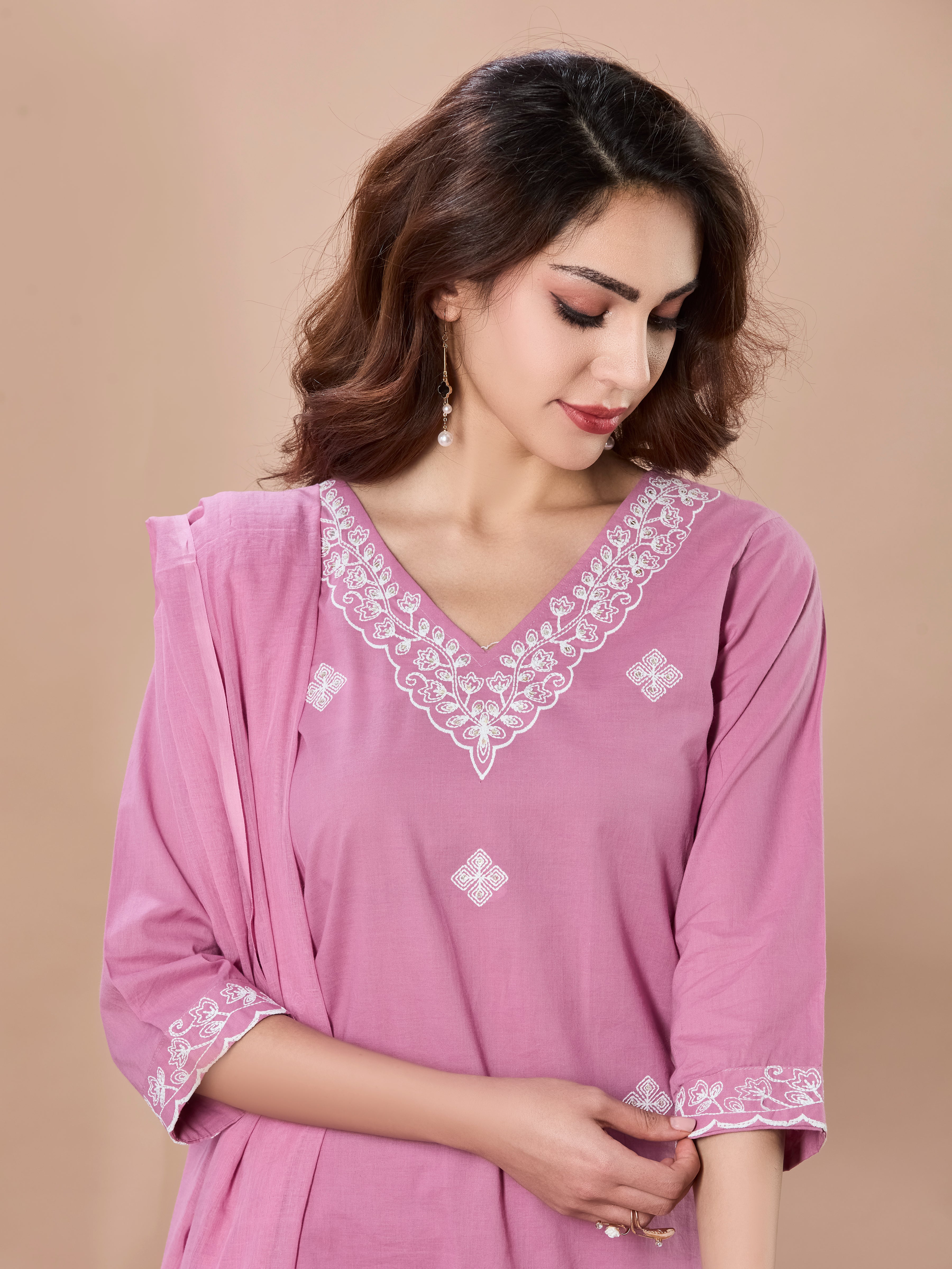 Petal Whisper Cotton Embroidered Straight Suit Set with Dupatta