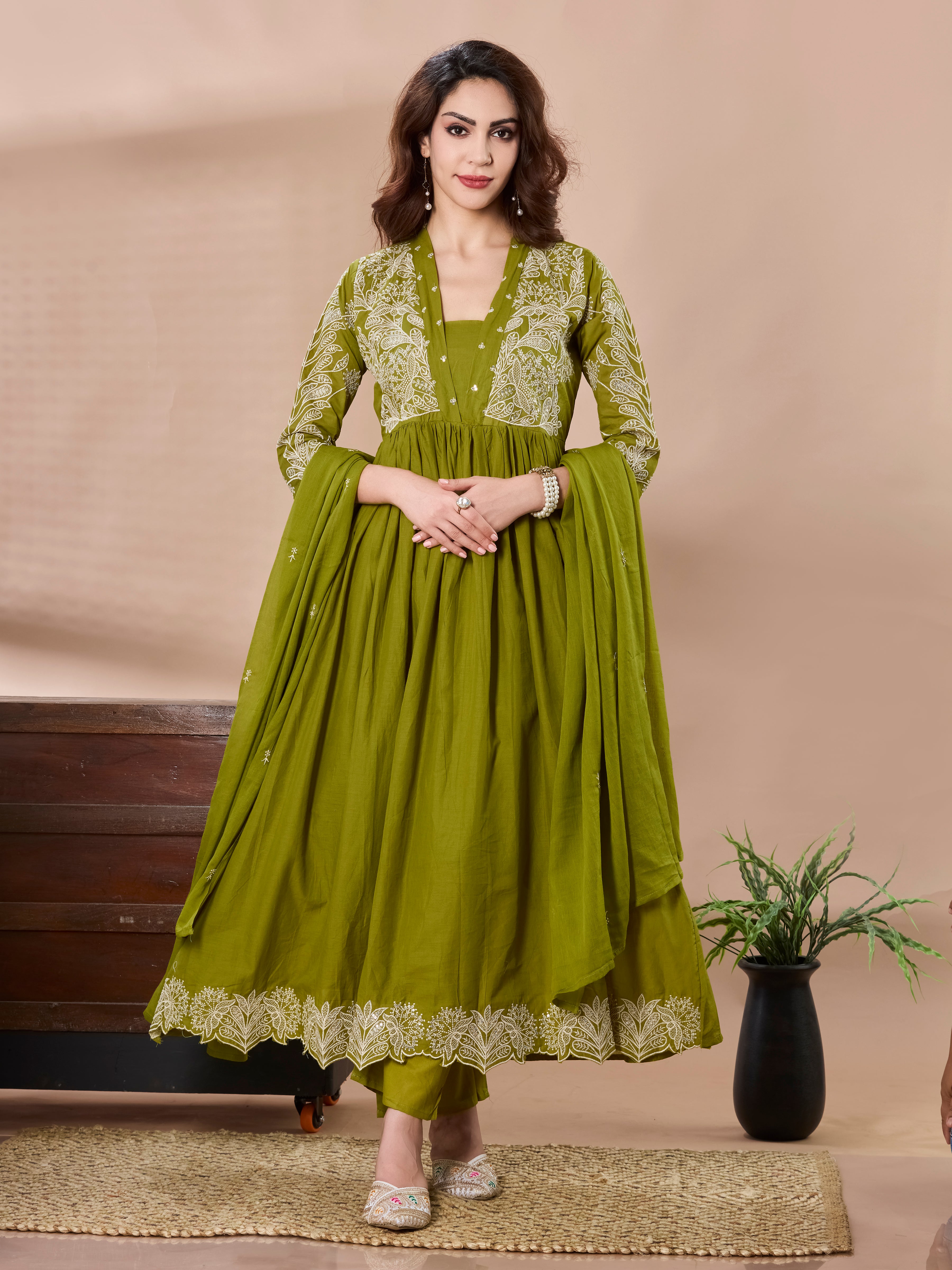 Botanical Bloom Cotton Anarkali Suit Set with Dupatta – Olive Green