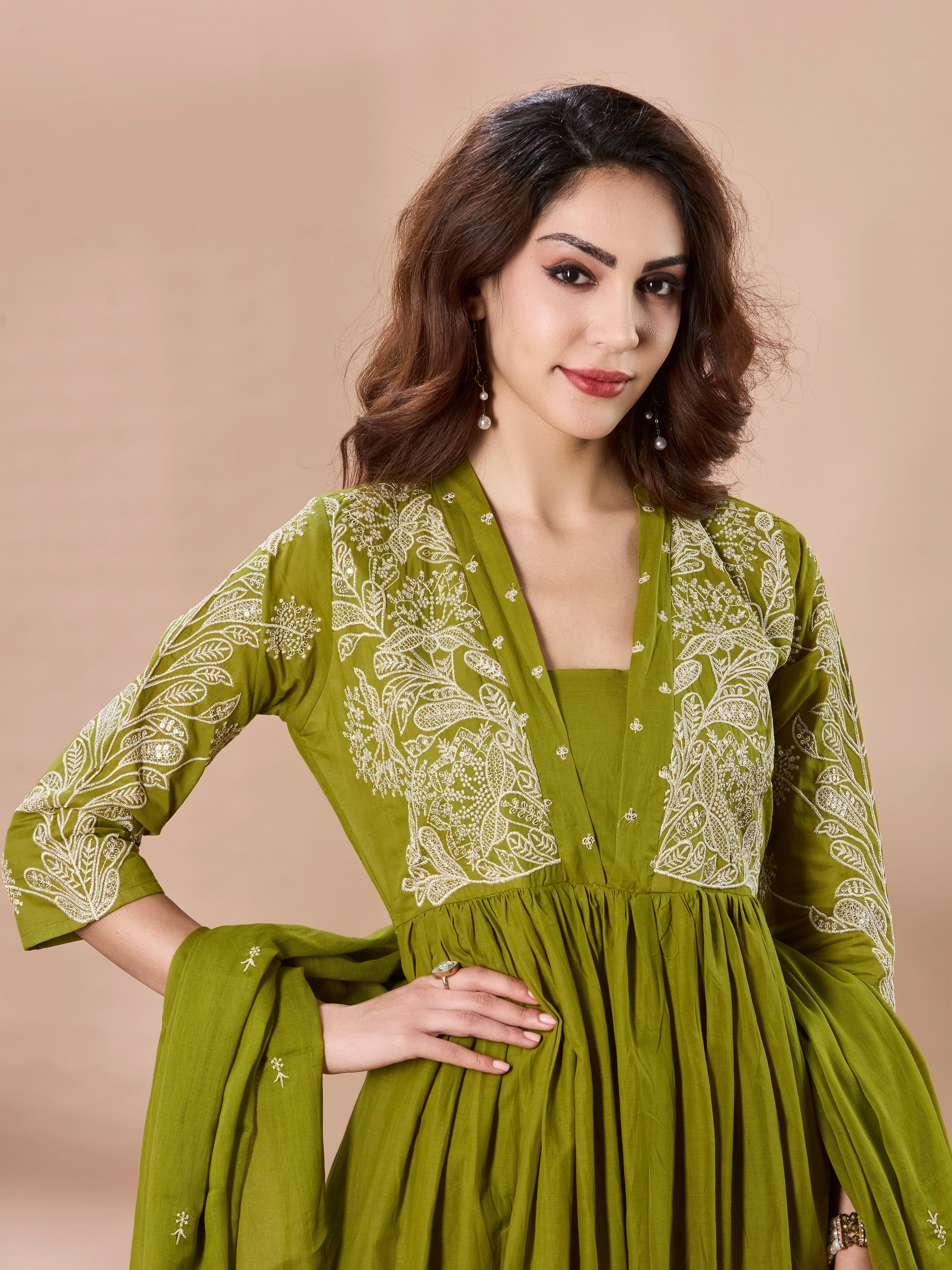 Botanical Bloom Cotton Anarkali Suit Set with Dupatta – Olive Green