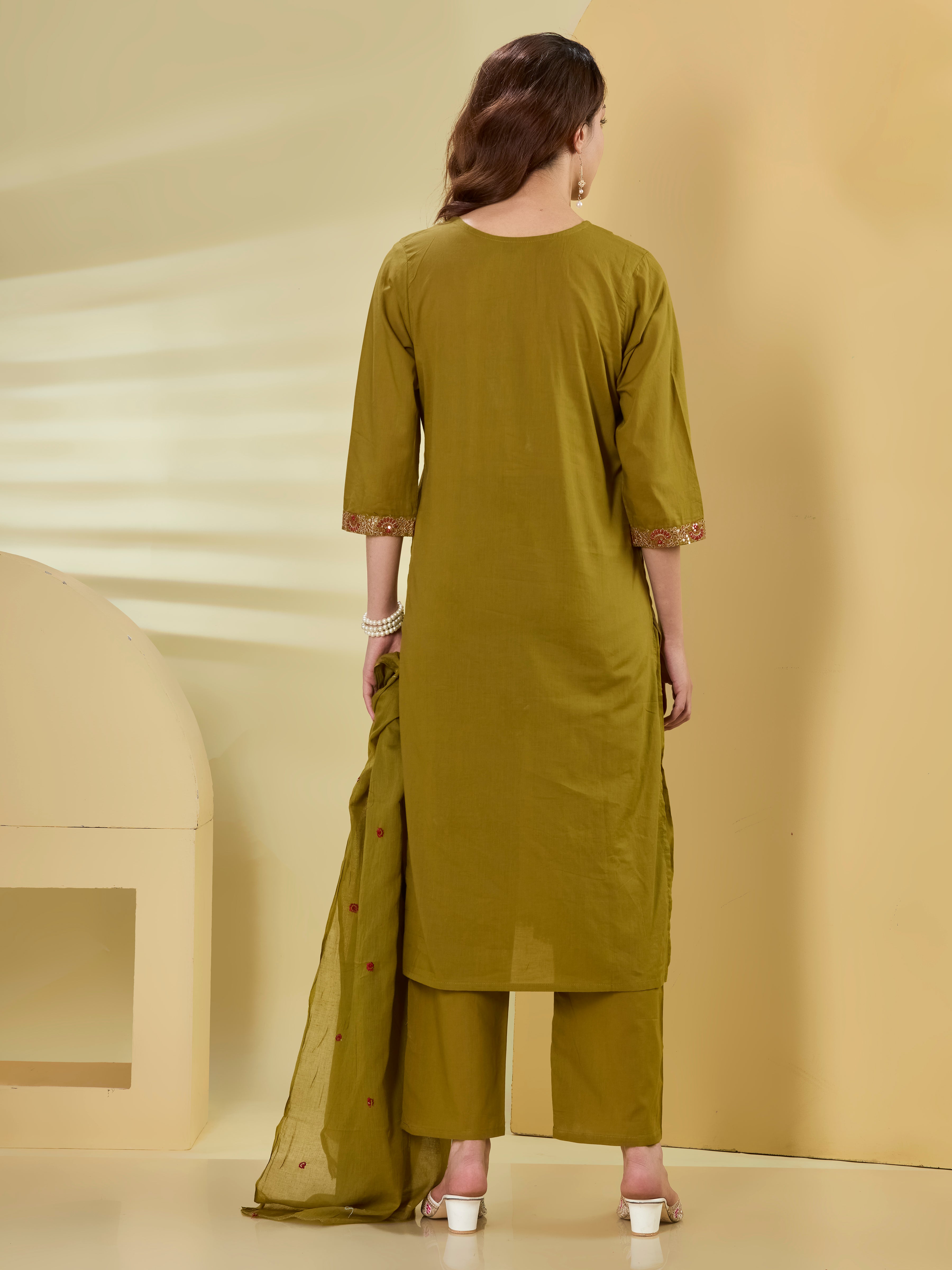 Artisan Garden Cotton Embroidered Straight Suit Set with Dupatta