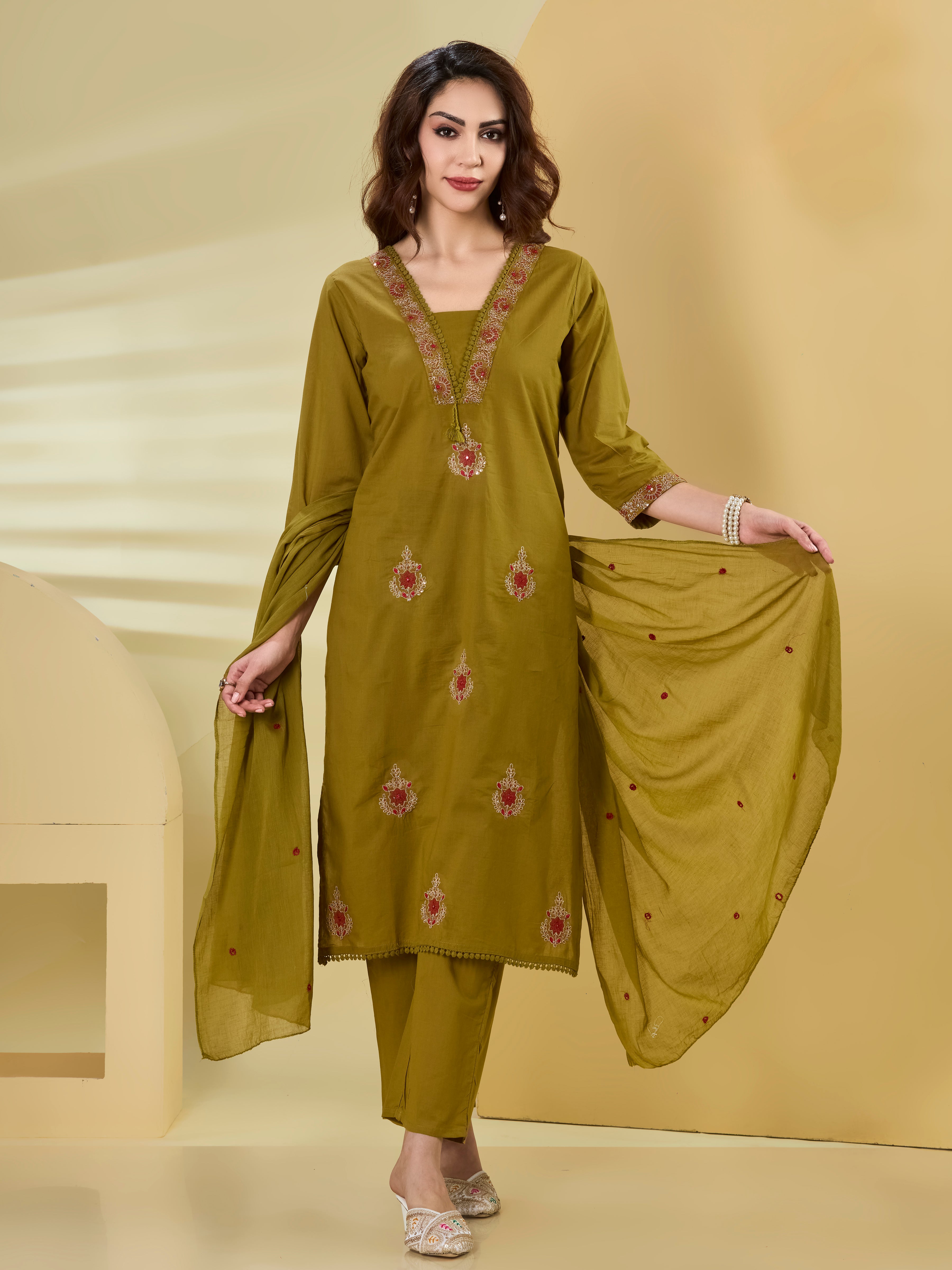 Artisan Garden Cotton Embroidered Straight Suit Set with Dupatta