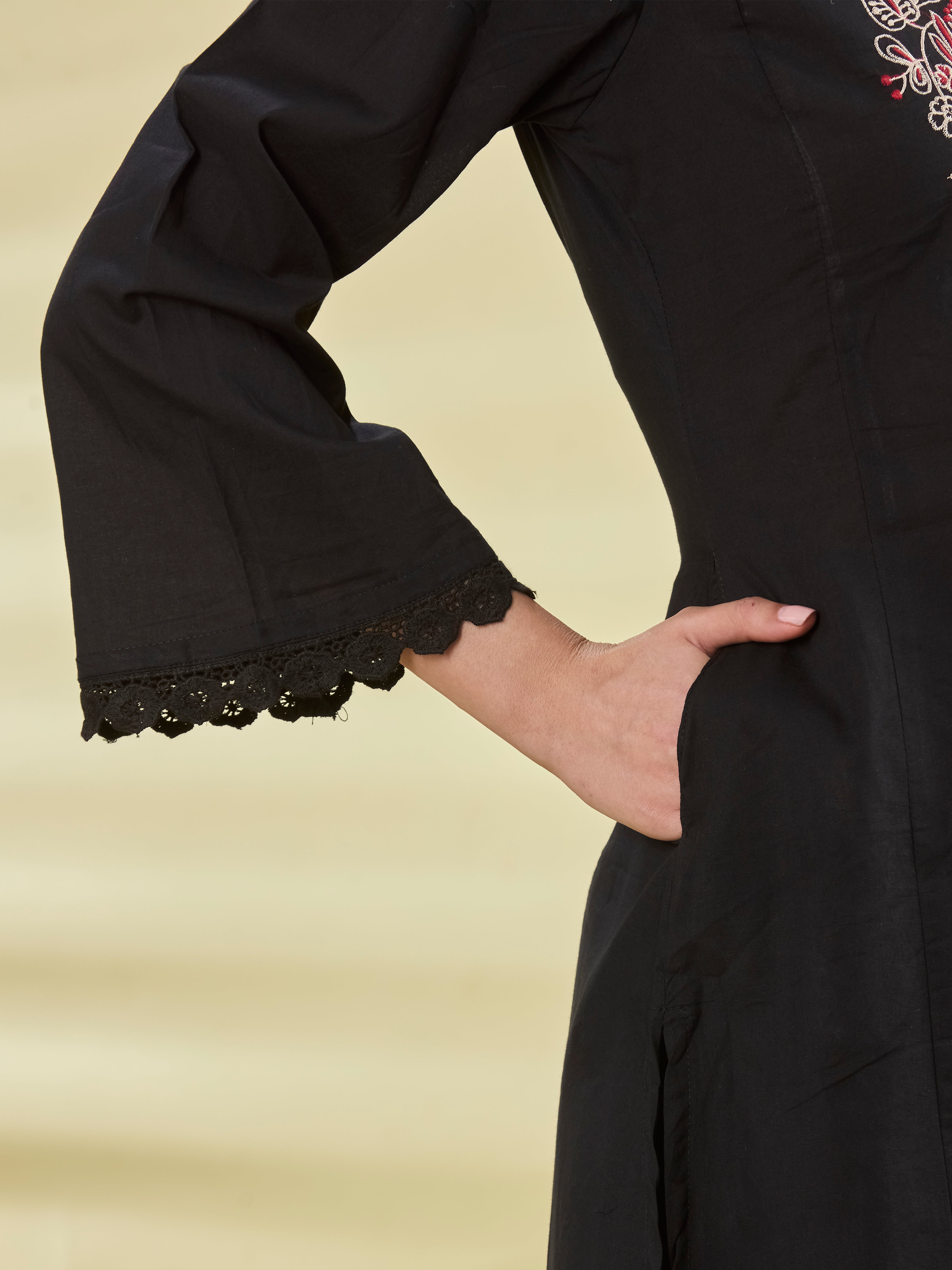 Midnight Festive A-Line Suit Set with Embroidery & Contrast Dupatta – Black