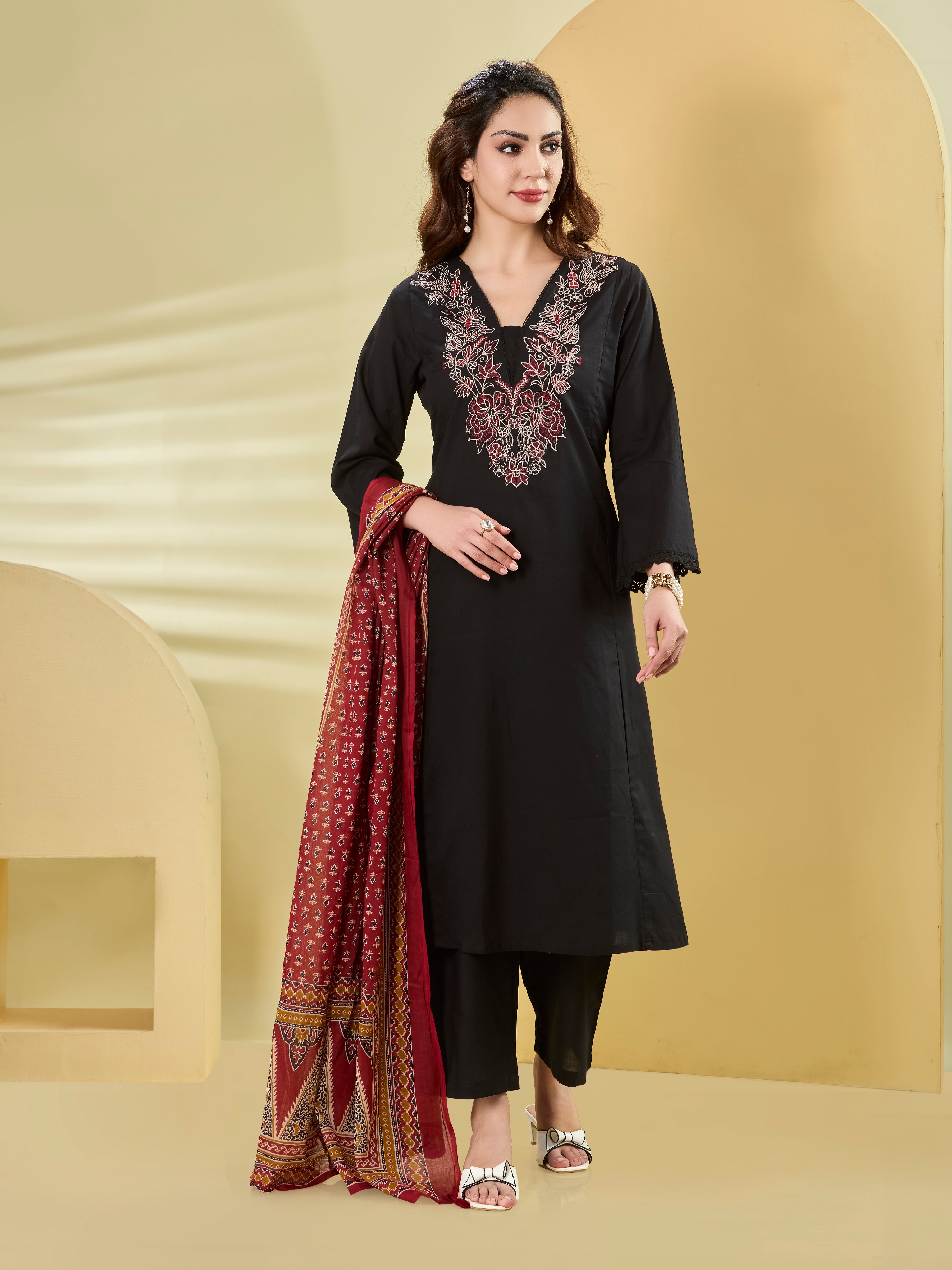 Midnight Festive A-Line Suit Set with Embroidery & Contrast Dupatta – Black