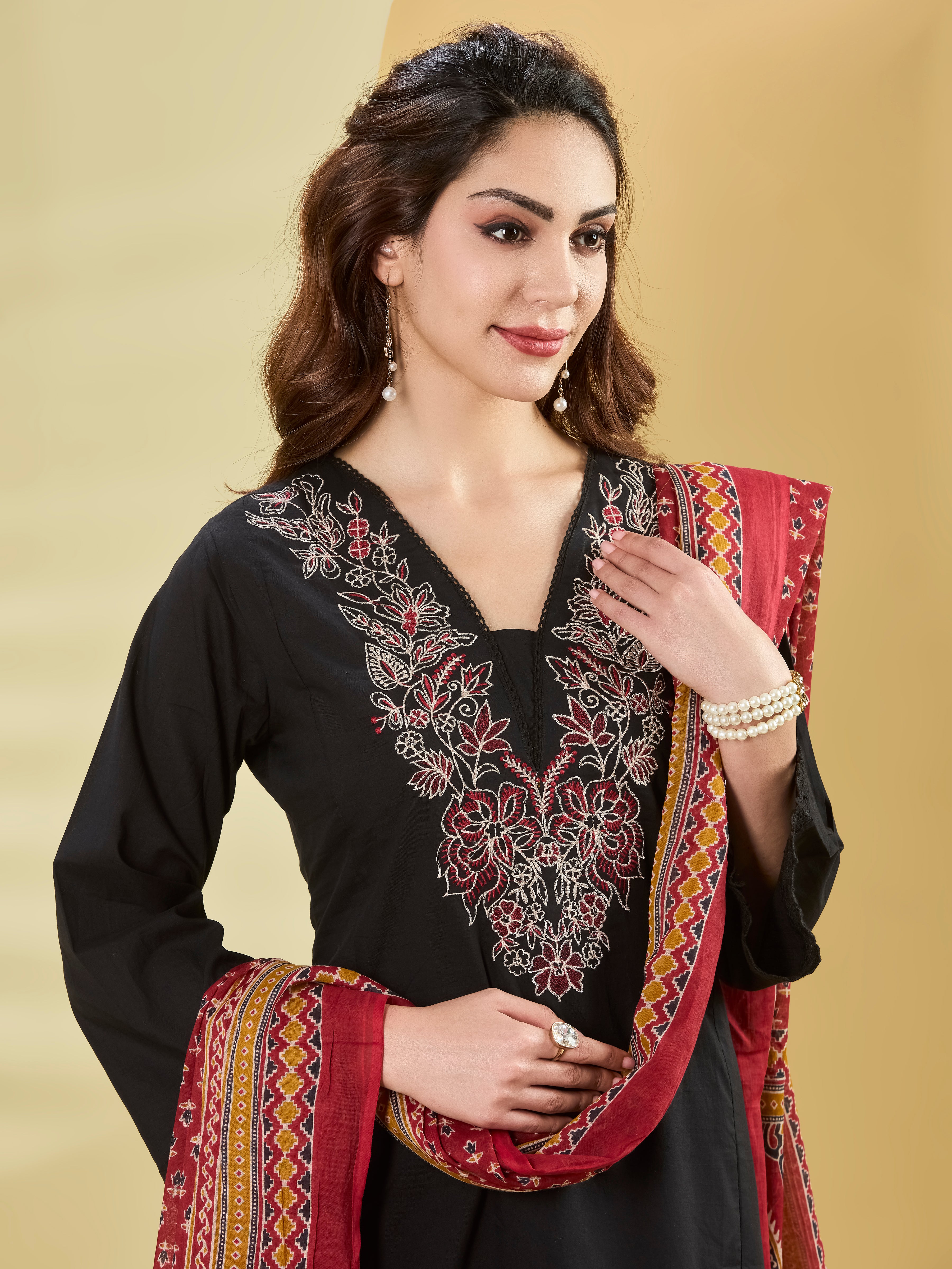 Midnight Festive A-Line Suit Set with Embroidery & Contrast Dupatta